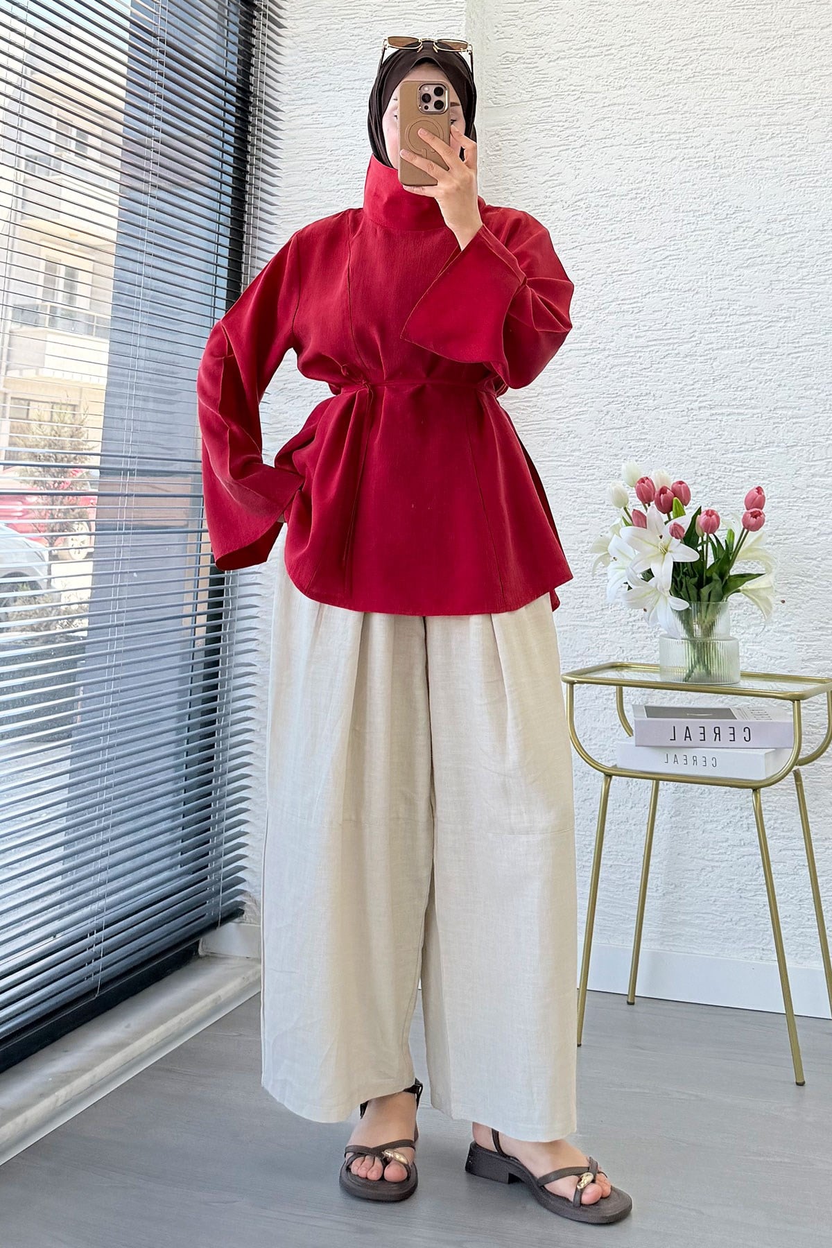 Premium Geniş Yaka Tasarım Modal Bluz - Kırmızı