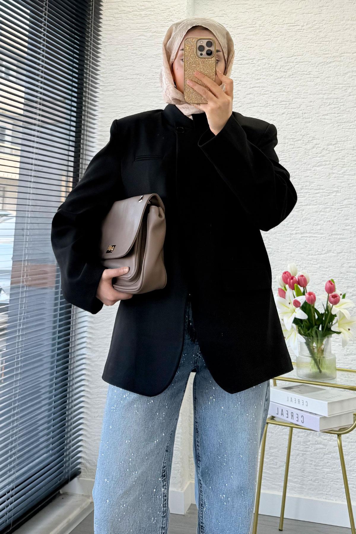 Premium Hakim Yaka Çapraz Düğmeli Blazer Ceket – Siyah
