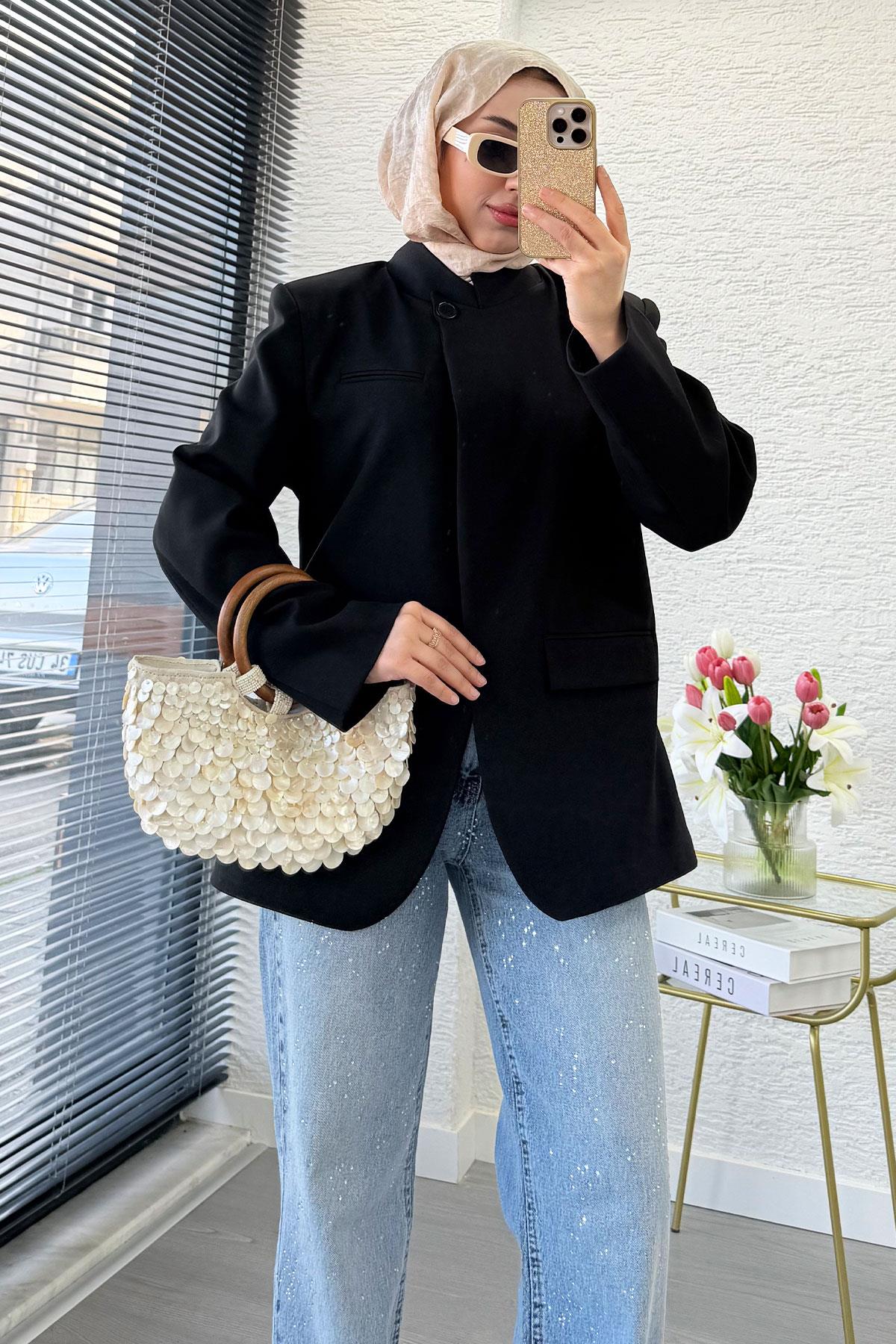 Premium Hakim Yaka Çapraz Düğmeli Blazer Ceket – Siyah