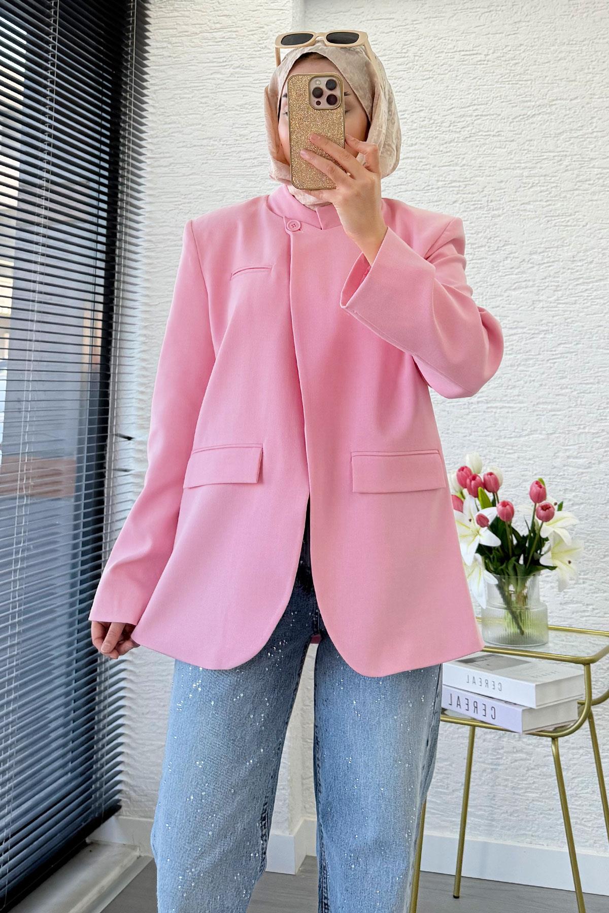 Premium Hakim Yaka Çapraz Düğmeli Blazer Ceket – Pembe