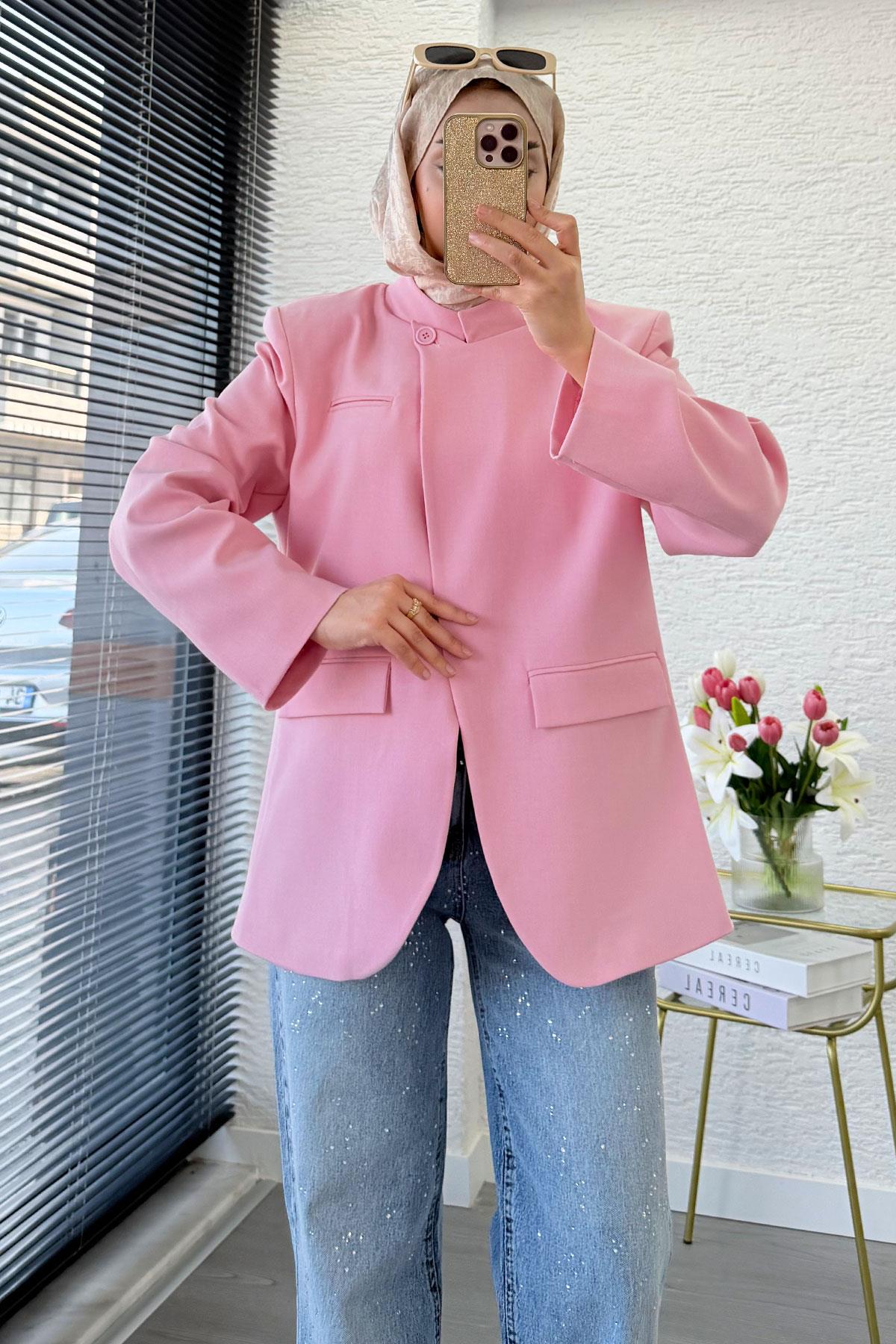 Premium Hakim Yaka Çapraz Düğmeli Blazer Ceket – Pembe