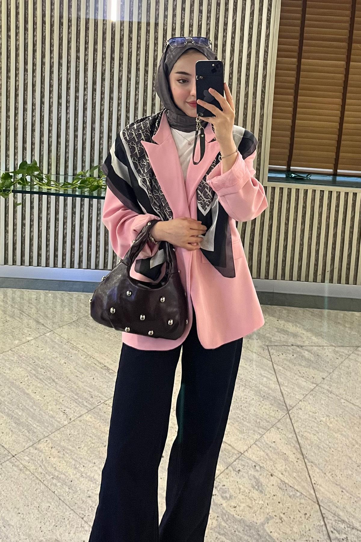 Premium Hakim Yaka Çapraz Düğmeli Blazer Ceket – Pembe