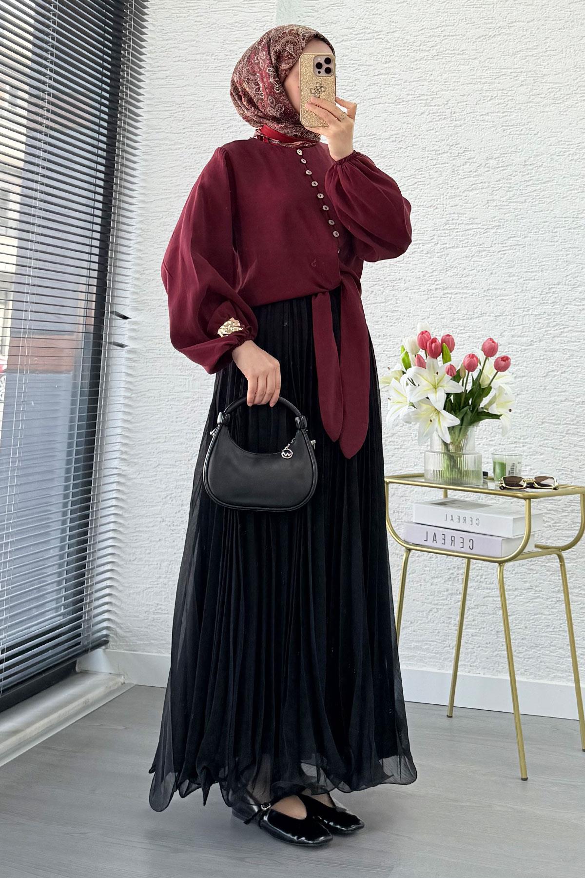 Premium Hakim Yaka Önü Bağlamalı Modal Bluz - Bordo