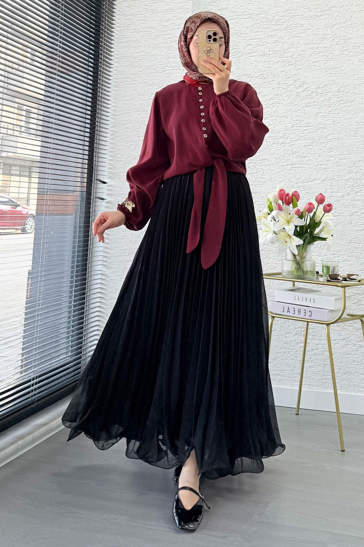 Premium Hakim Yaka Önü Bağlamalı Modal Bluz - Bordo