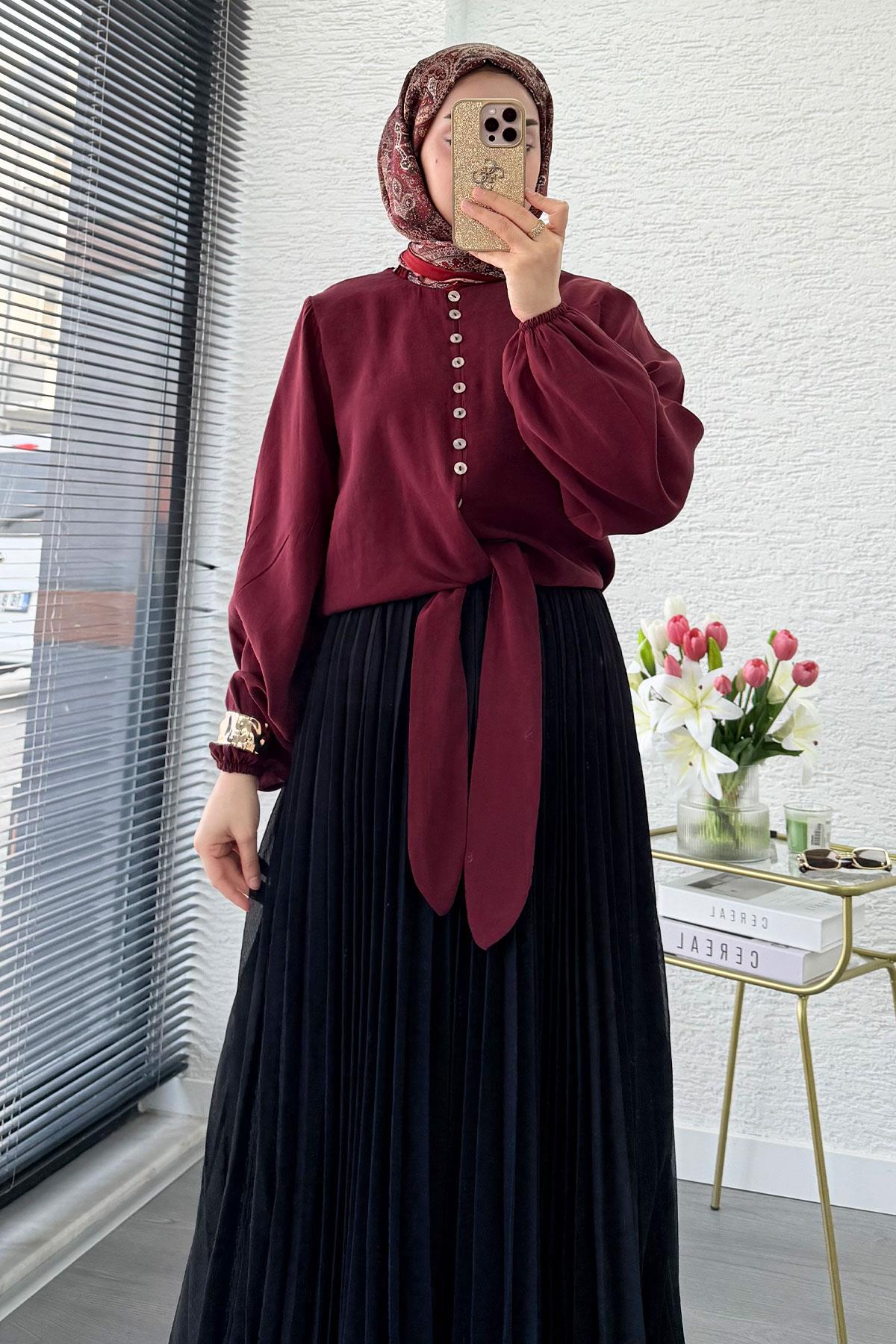 Premium Hakim Yaka Önü Bağlamalı Modal Bluz - Bordo