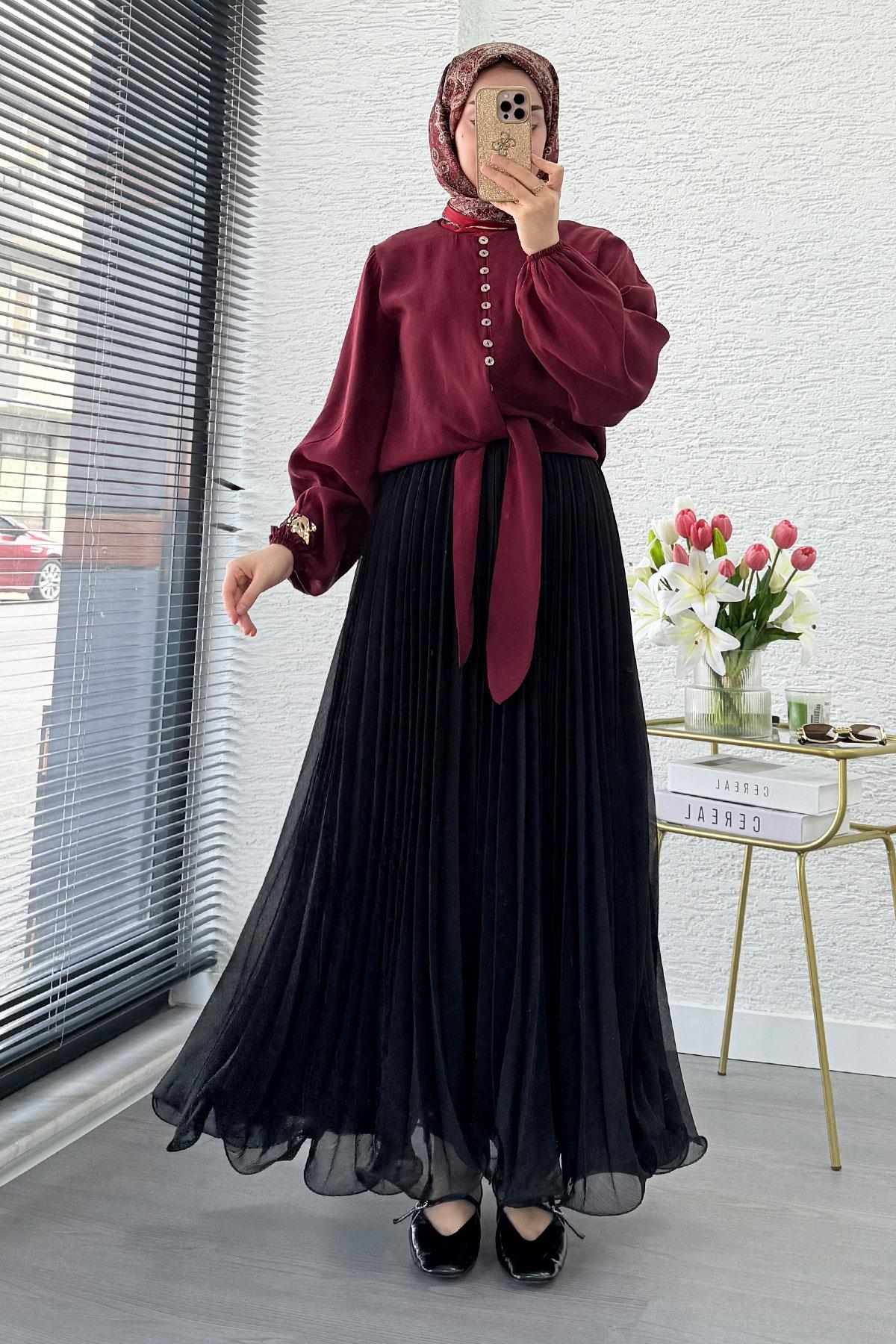 Premium Hakim Yaka Önü Bağlamalı Modal Bluz - Bordo