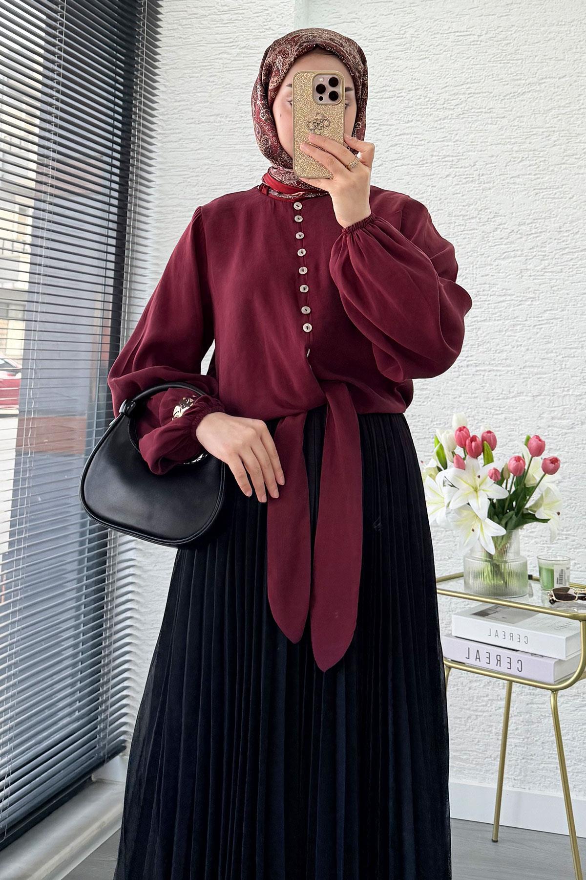 Premium Hakim Yaka Önü Bağlamalı Modal Bluz - Bordo