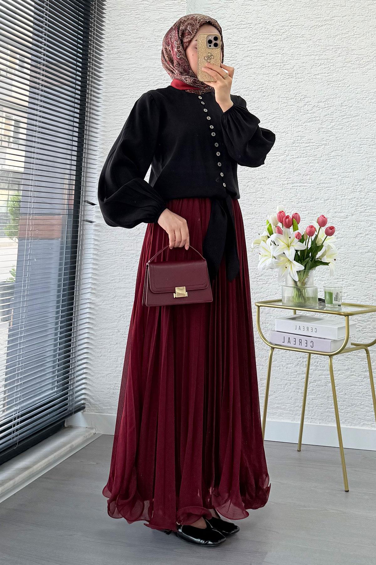 Premium Hakim Yaka Önü Bağlamalı Modal Bluz - Siyah
