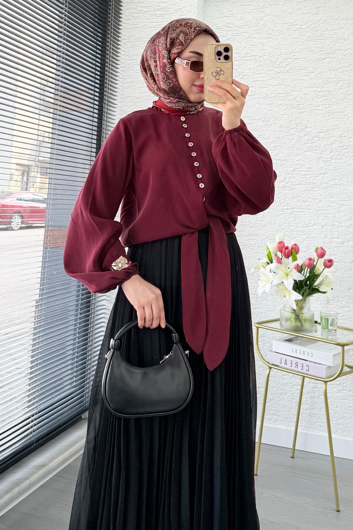 Premium Hakim Yaka Önü Bağlamalı Modal Bluz - Bordo