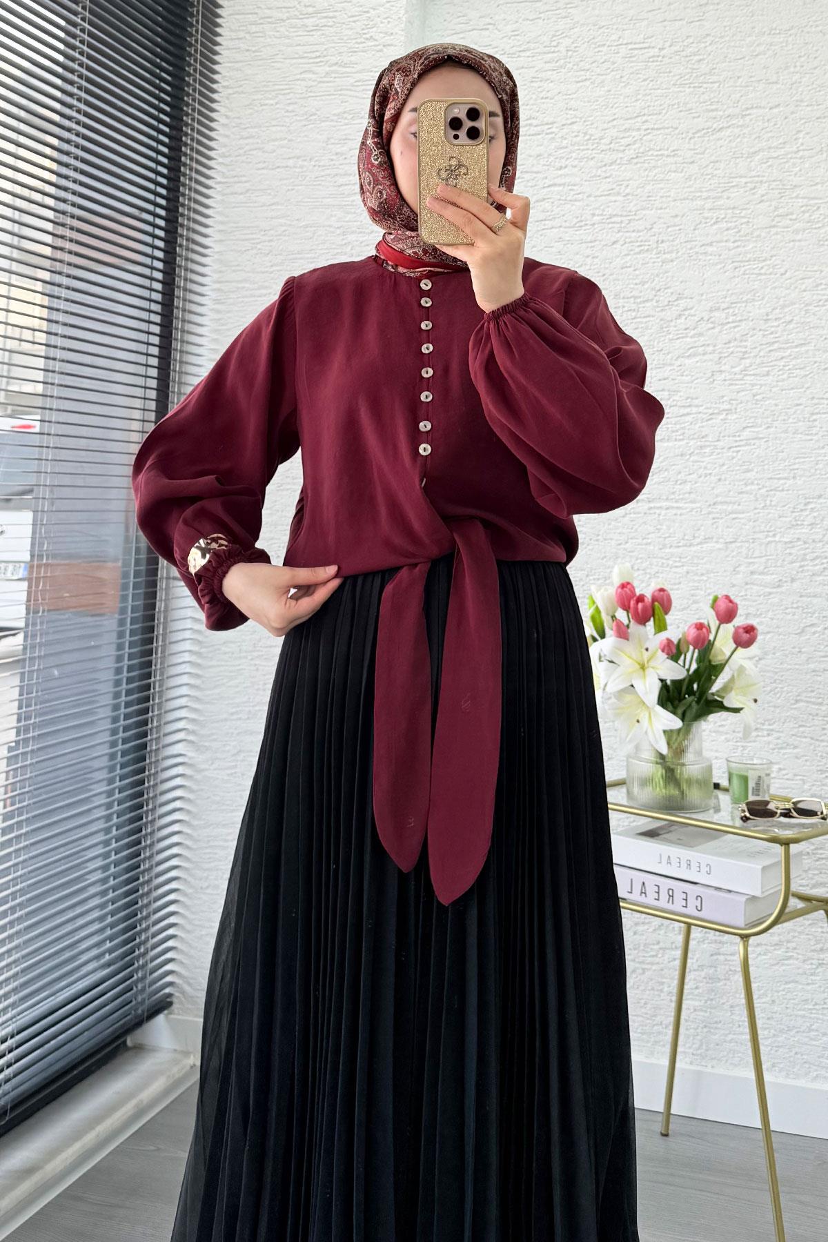 Premium Hakim Yaka Önü Bağlamalı Modal Bluz - Bordo