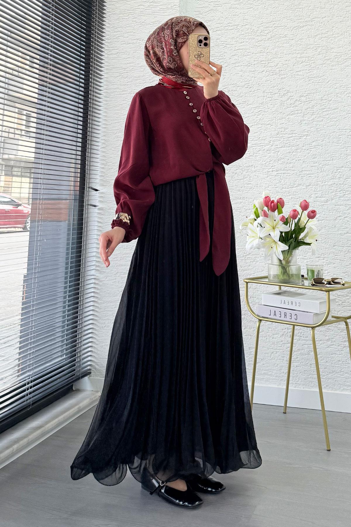 Premium Hakim Yaka Önü Bağlamalı Modal Bluz - Bordo