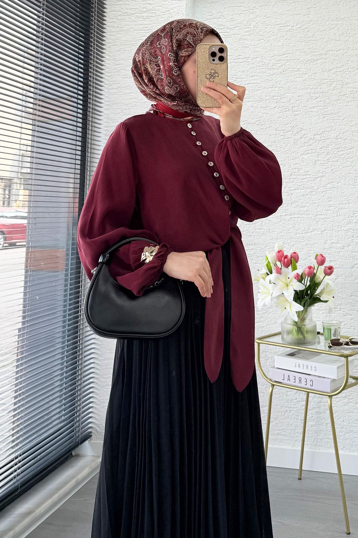 Premium Hakim Yaka Önü Bağlamalı Modal Bluz - Bordo