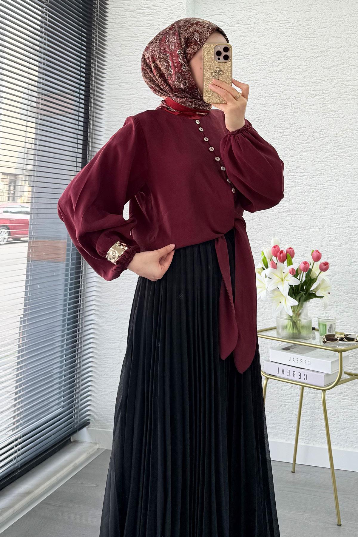 Premium Hakim Yaka Önü Bağlamalı Modal Bluz - Bordo