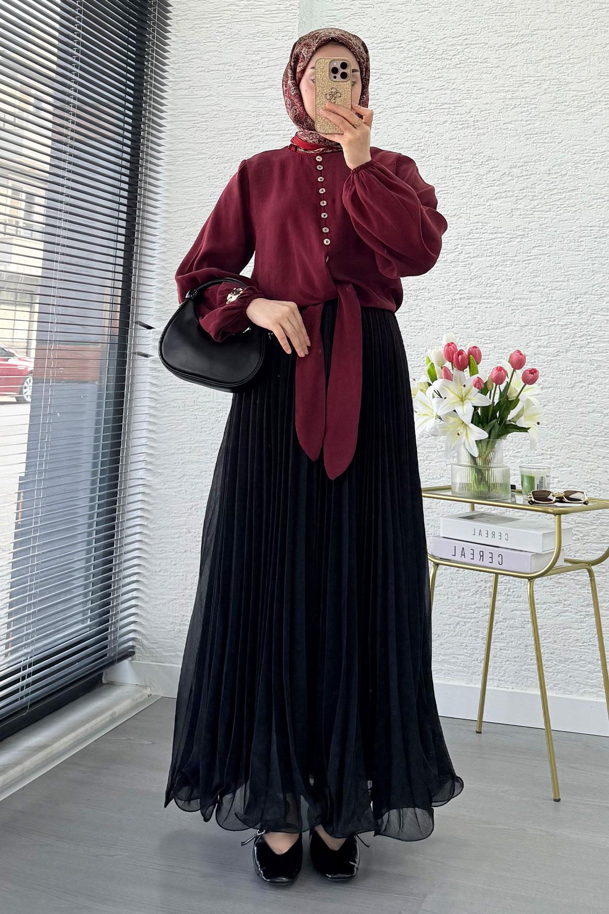 Premium Hakim Yaka Önü Bağlamalı Modal Bluz - Bordo