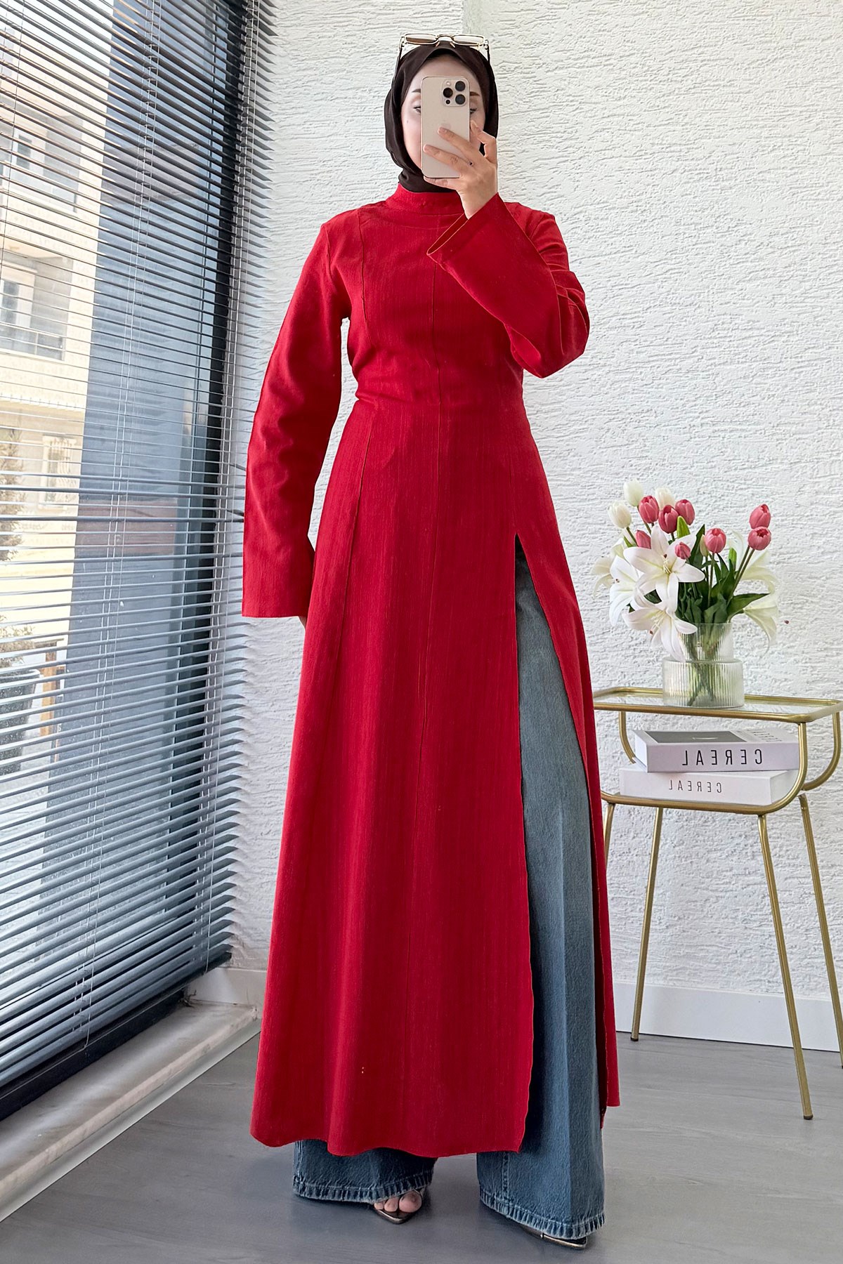 Premium Hakim Yaka Yırtmaç Detaylı Keten Tunik - Kırmızı