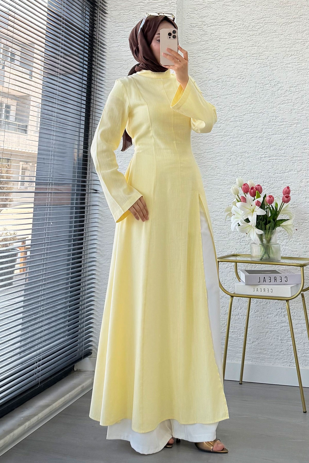 Premium Hakim Yaka Yırtmaç Detaylı Keten Tunik - Sarı