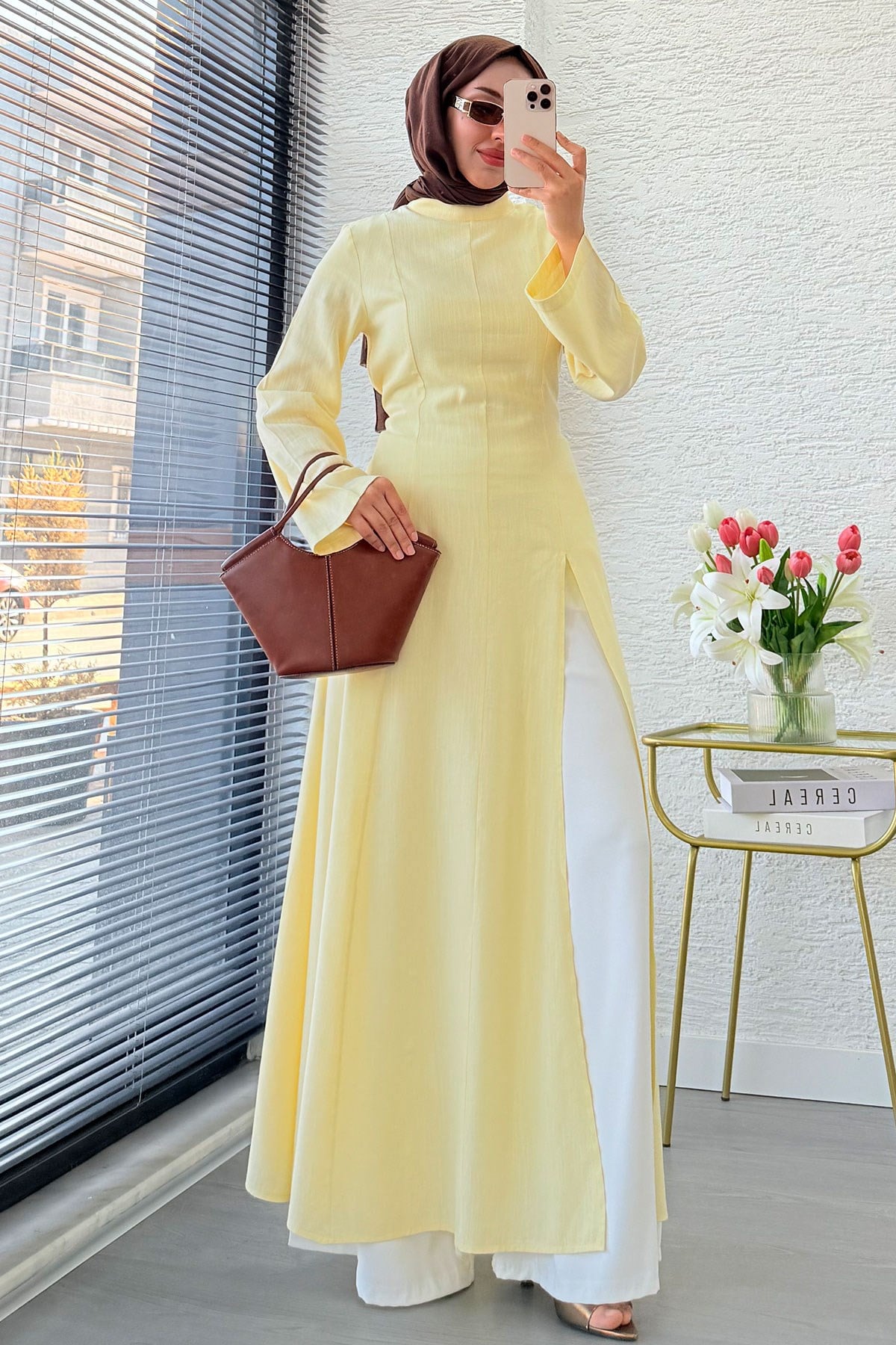 Premium Hakim Yaka Yırtmaç Detaylı Keten Tunik - Sarı