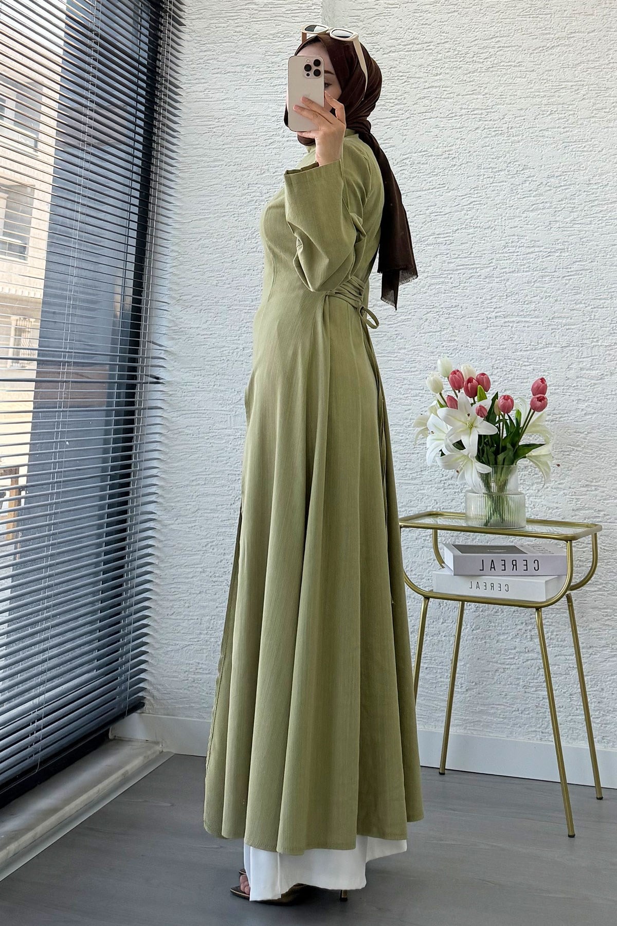 Premium Hakim Yaka Yırtmaç Detaylı Keten Tunik - Çağla Yeşili