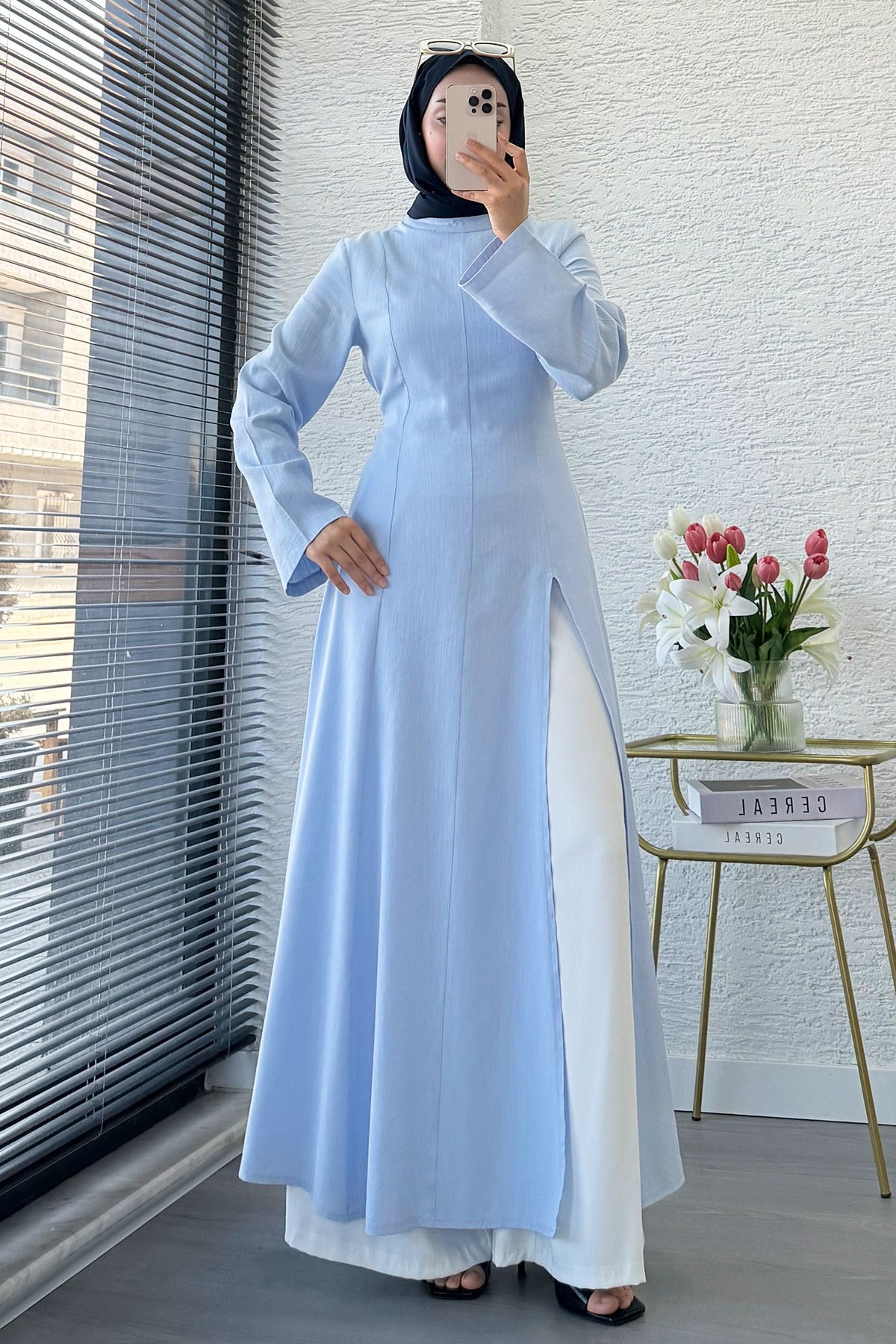 Premium Hakim Yaka Yırtmaç Detaylı Keten Tunik - Mavi