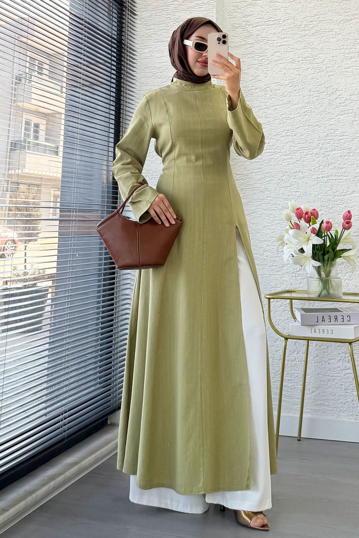 Premium Hakim Yaka Yırtmaç Detaylı Keten Tunik - Çağla Yeşili