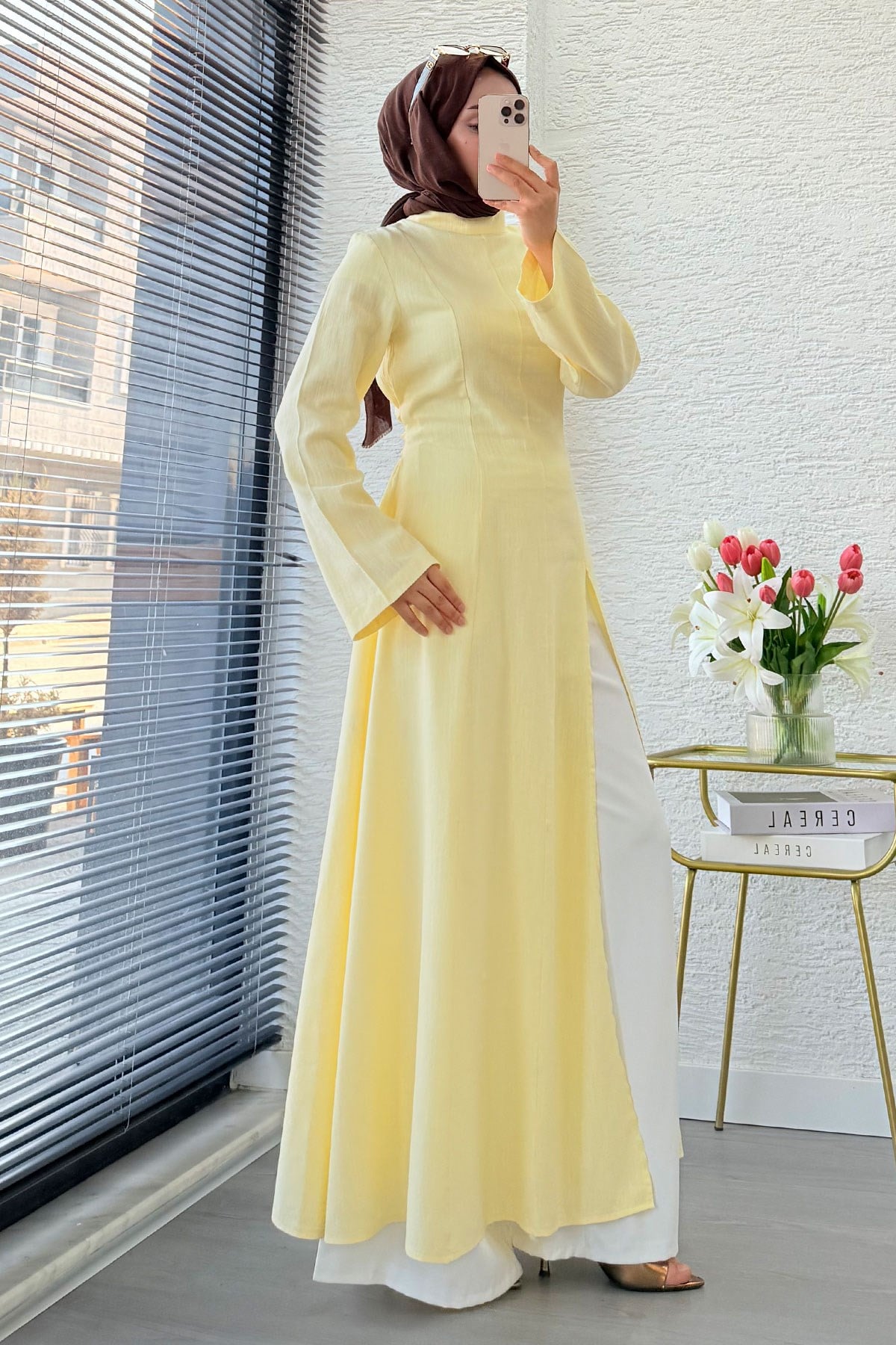 Premium Hakim Yaka Yırtmaç Detaylı Keten Tunik - Sarı