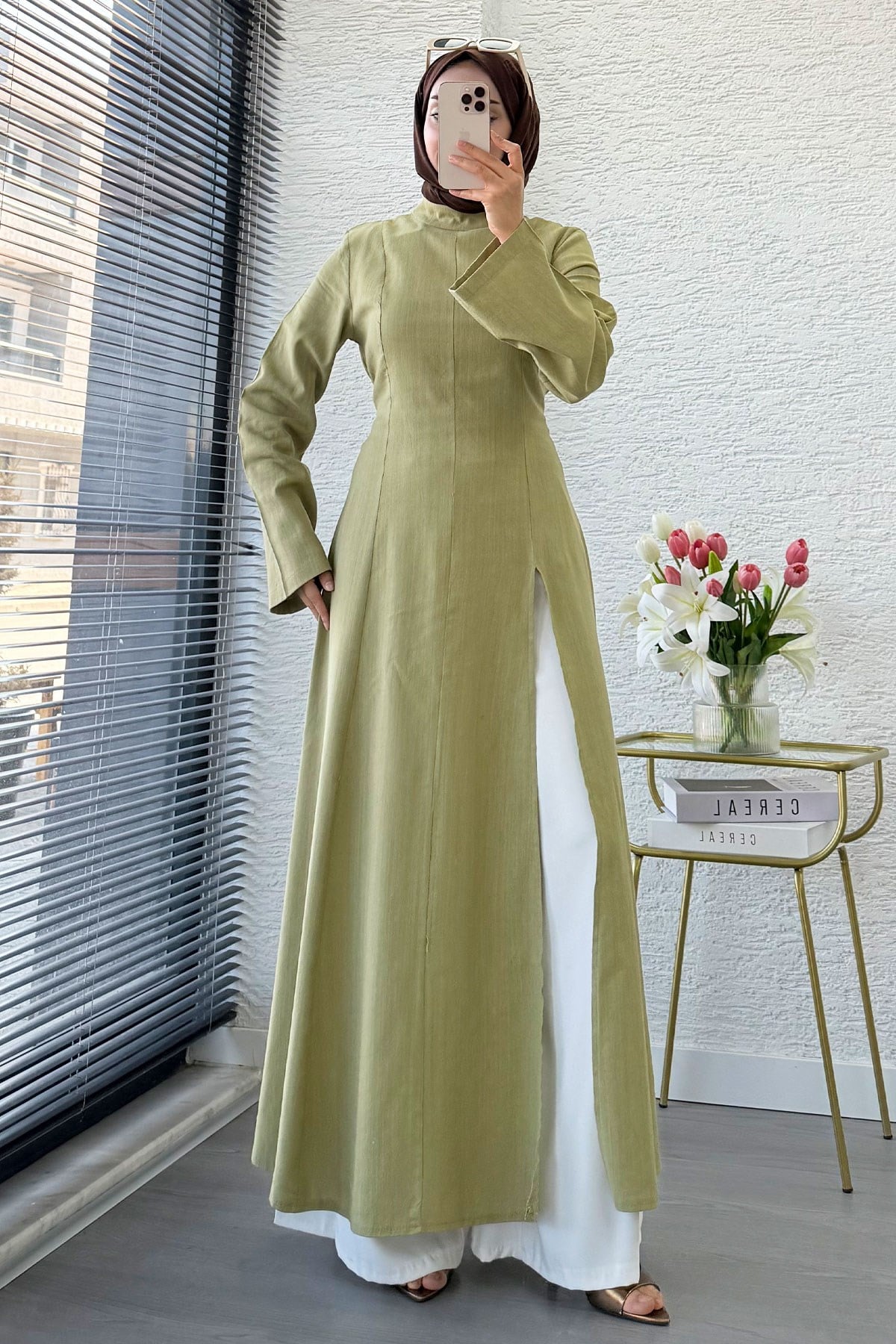 Premium Hakim Yaka Yırtmaç Detaylı Keten Tunik - Çağla Yeşili
