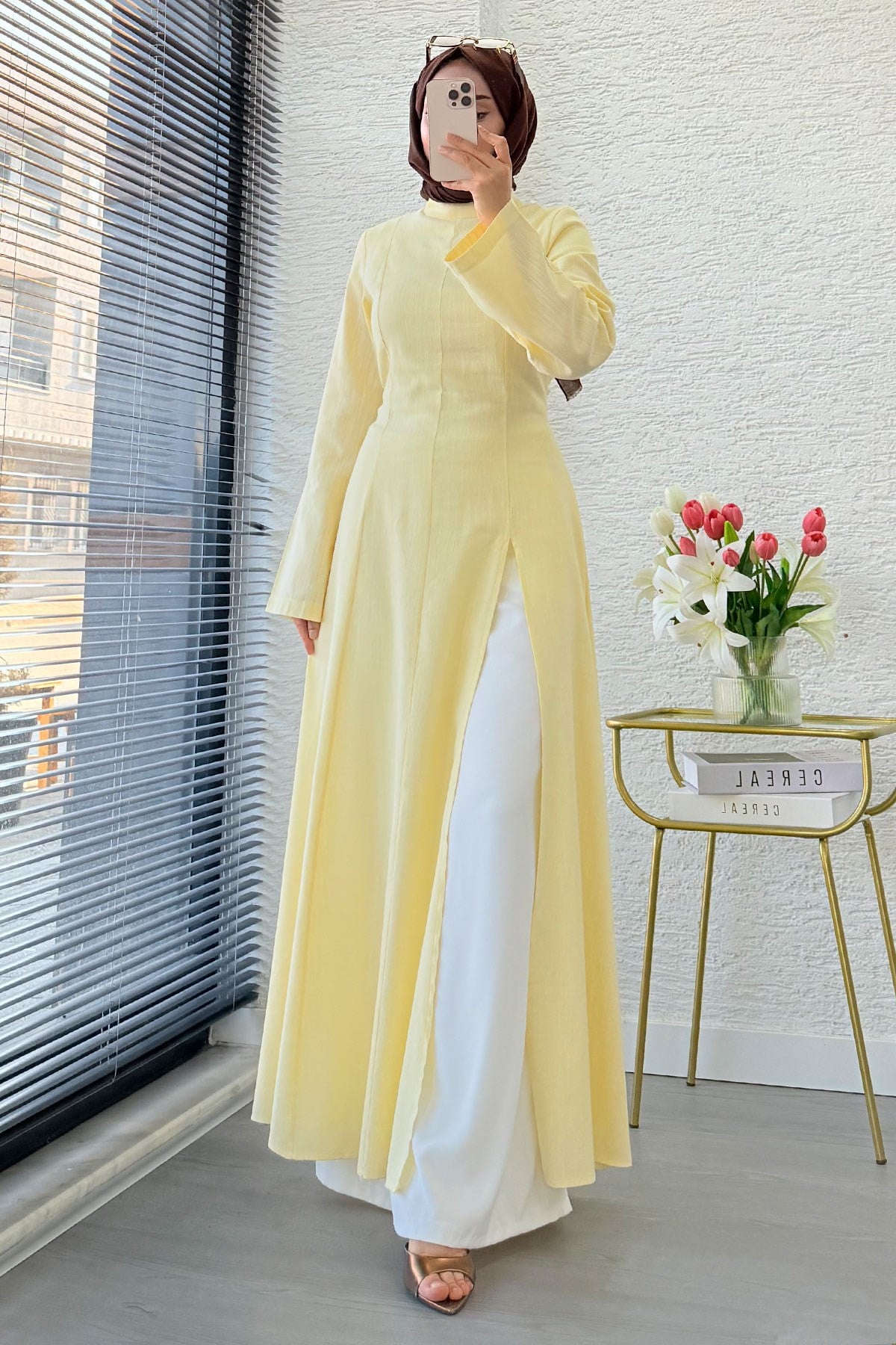 Premium Hakim Yaka Yırtmaç Detaylı Keten Tunik - Sarı