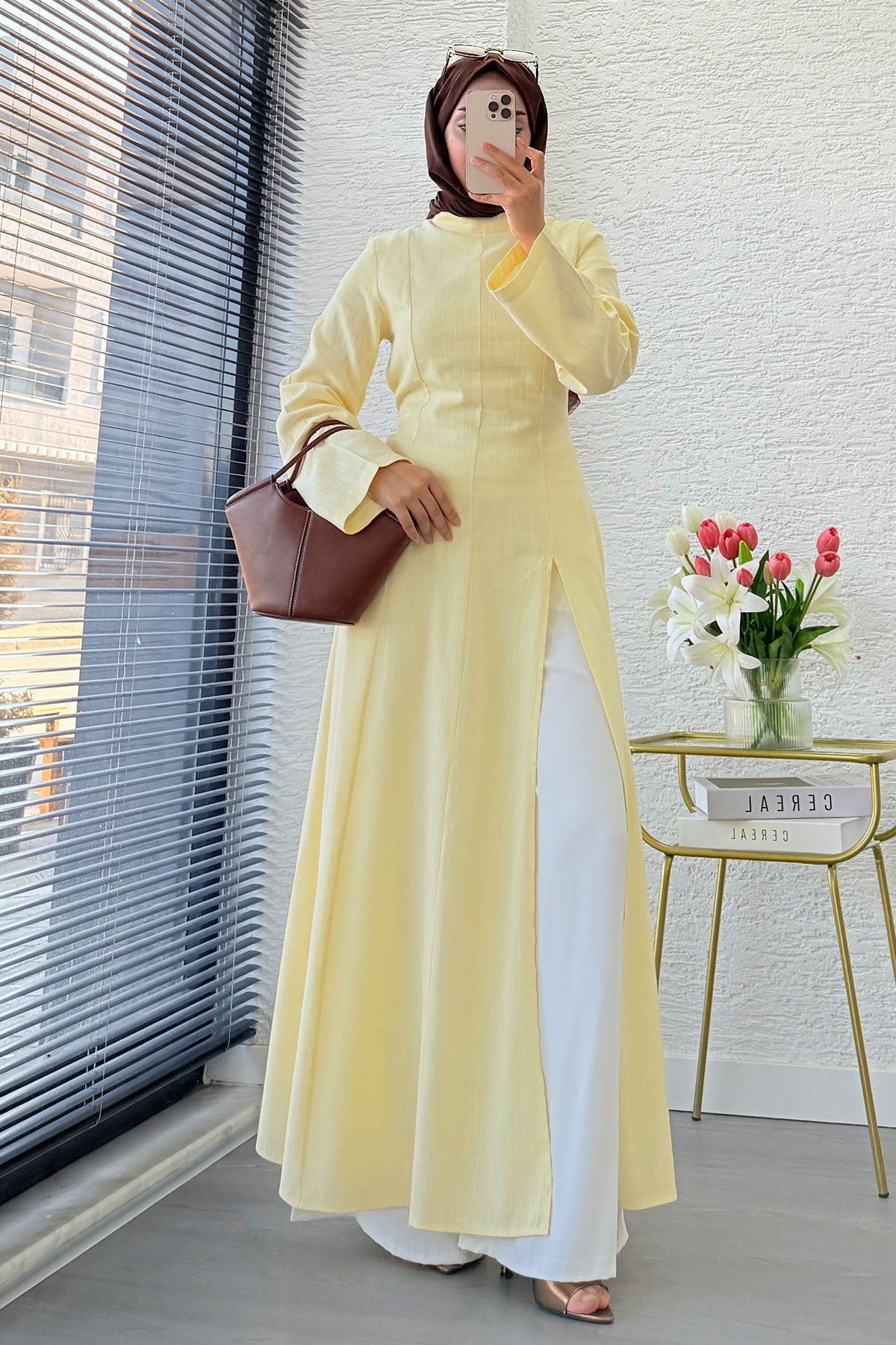 Premium Hakim Yaka Yırtmaç Detaylı Keten Tunik - Sarı
