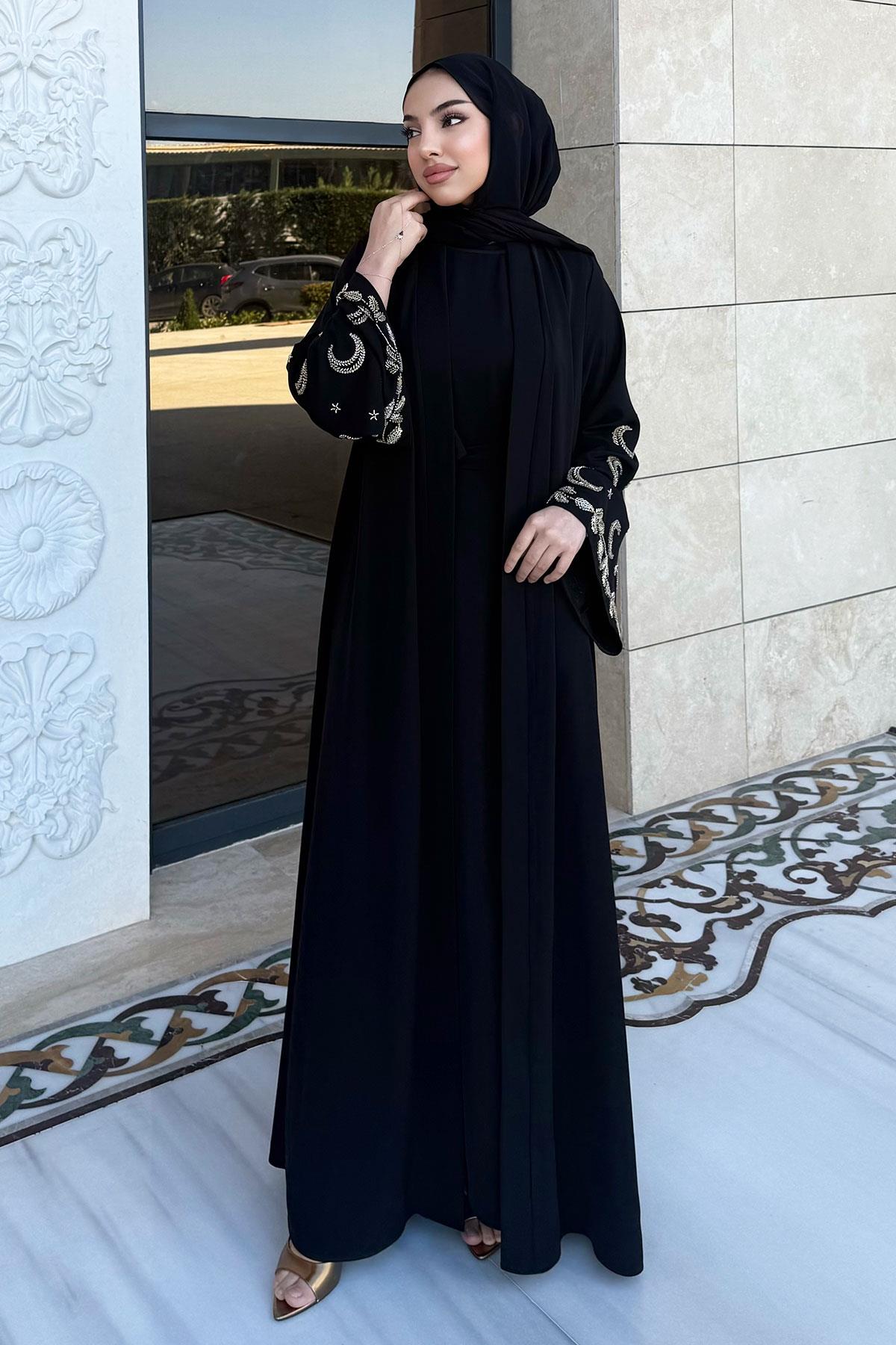 Premium İşlemeli Volan Kol Abaya Takım — Siyah