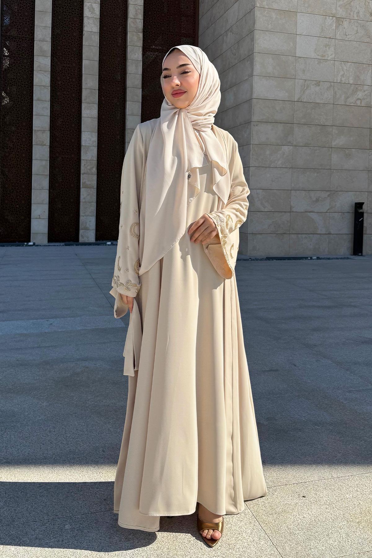 Premium İşlemeli Volan Kol Abaya Takım — Taş