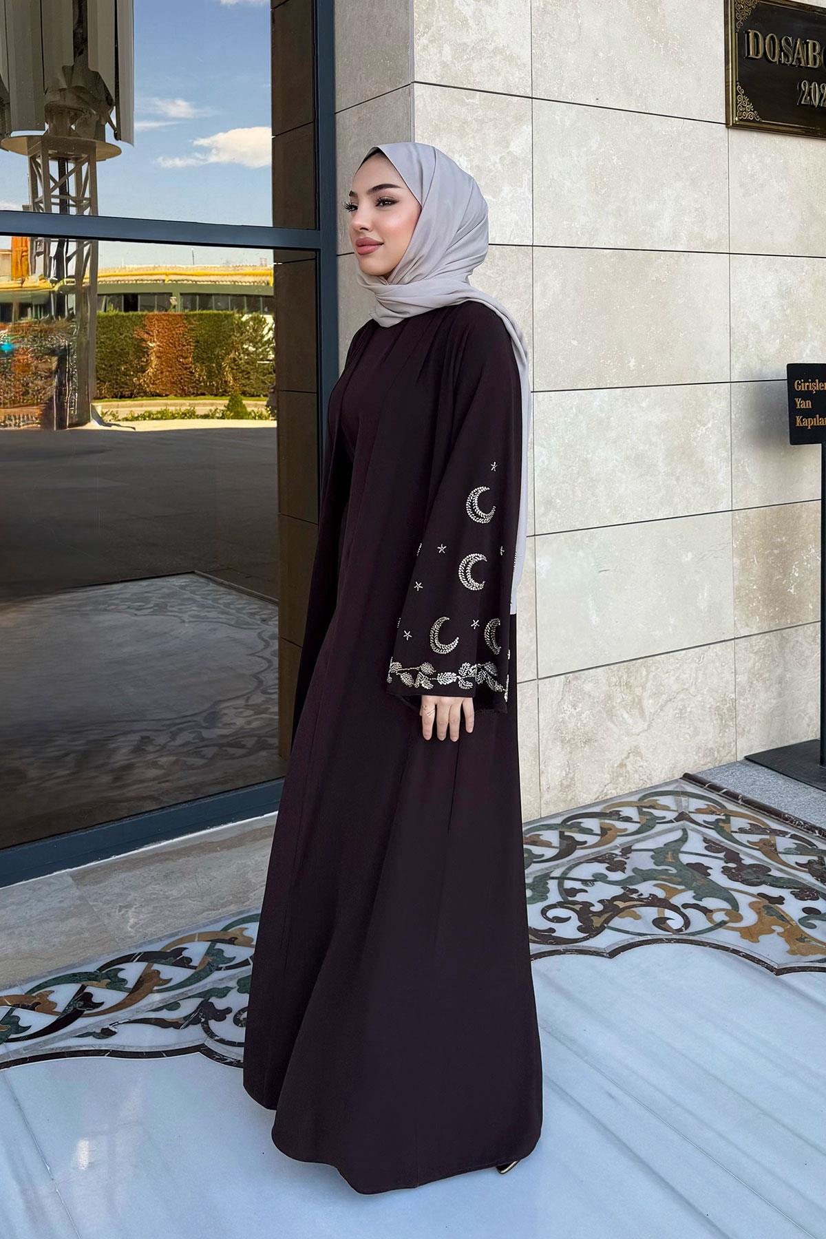 Premium İşlemeli Volan Kol Abaya Takım — Kahverengi