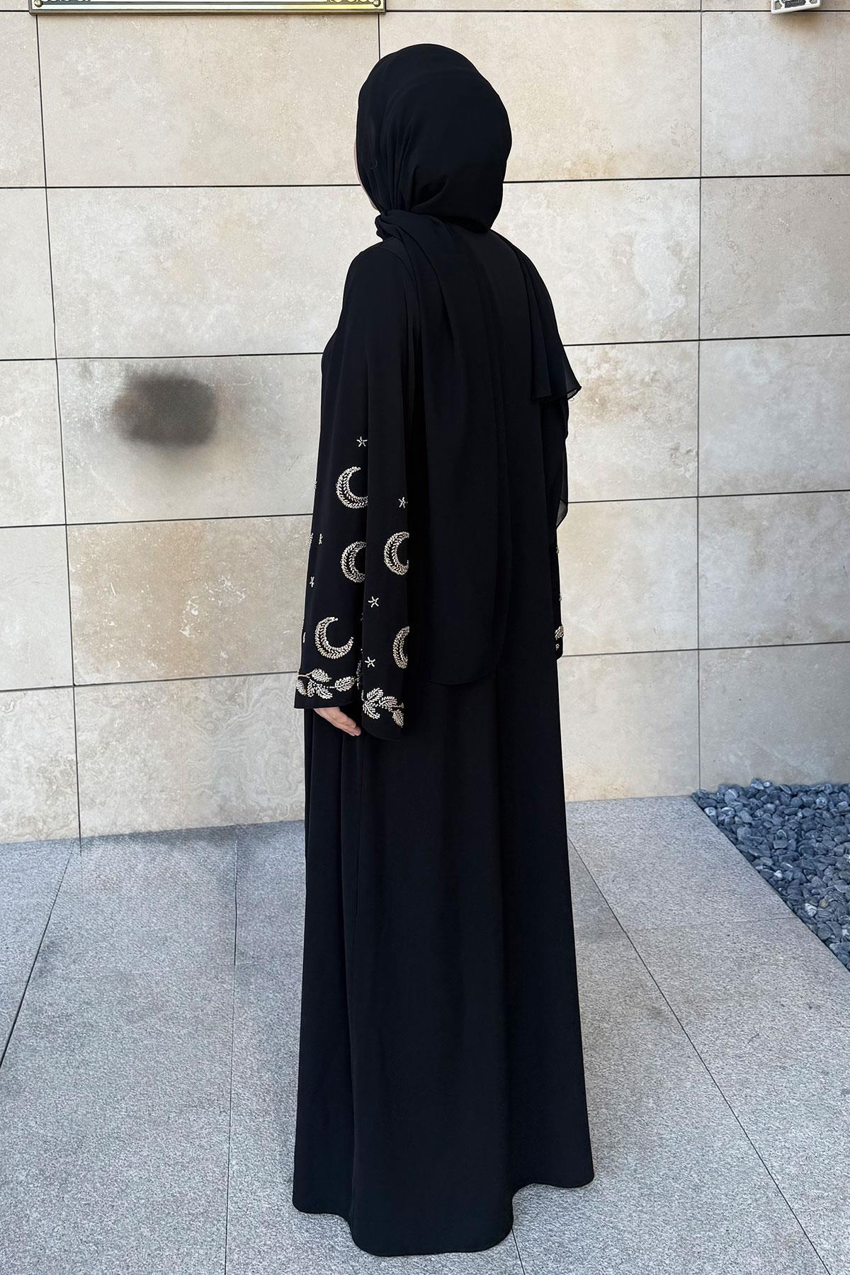Premium İşlemeli Volan Kol Abaya Takım — Siyah