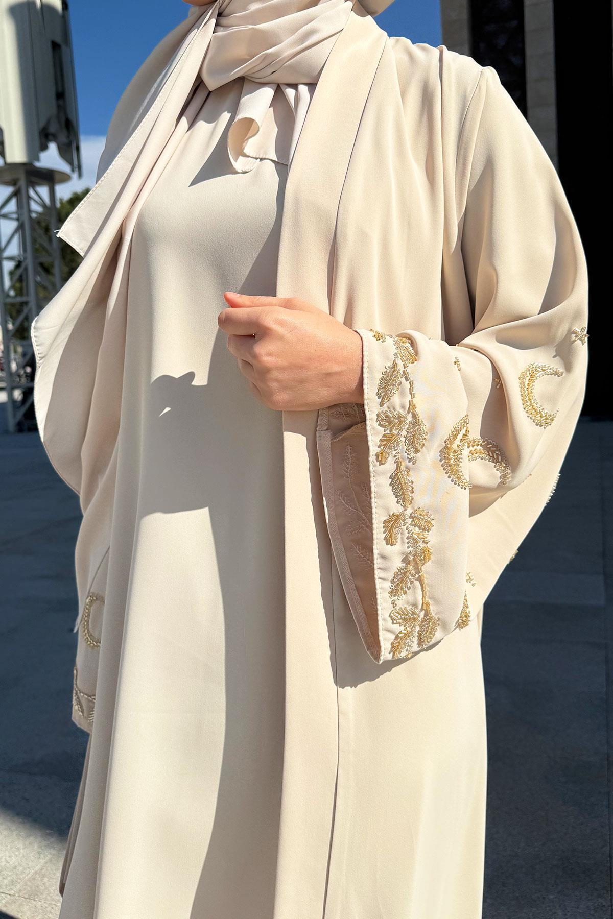 Premium İşlemeli Volan Kol Abaya Takım — Taş