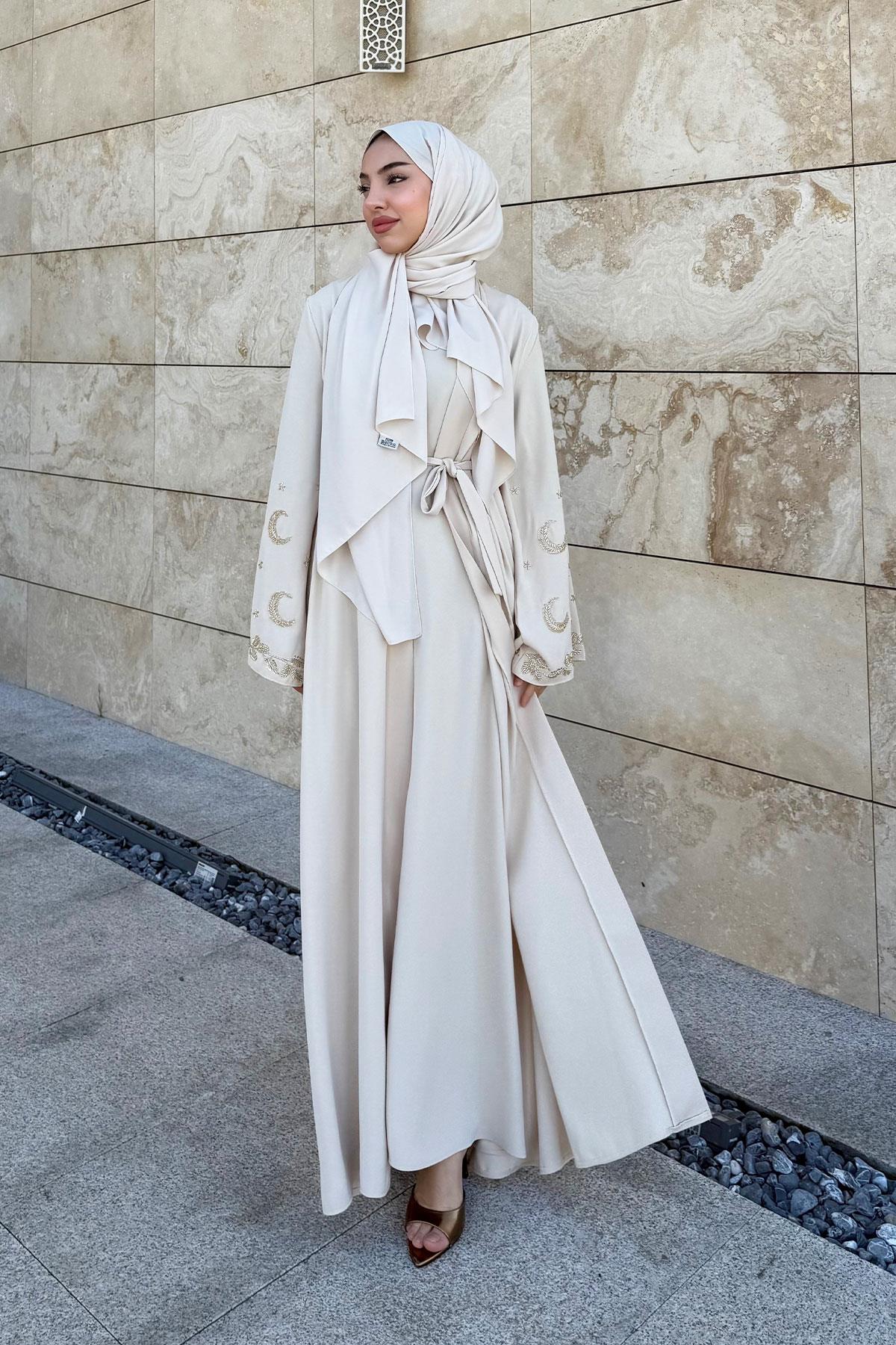 Premium İşlemeli Volan Kol Abaya Takım — Taş