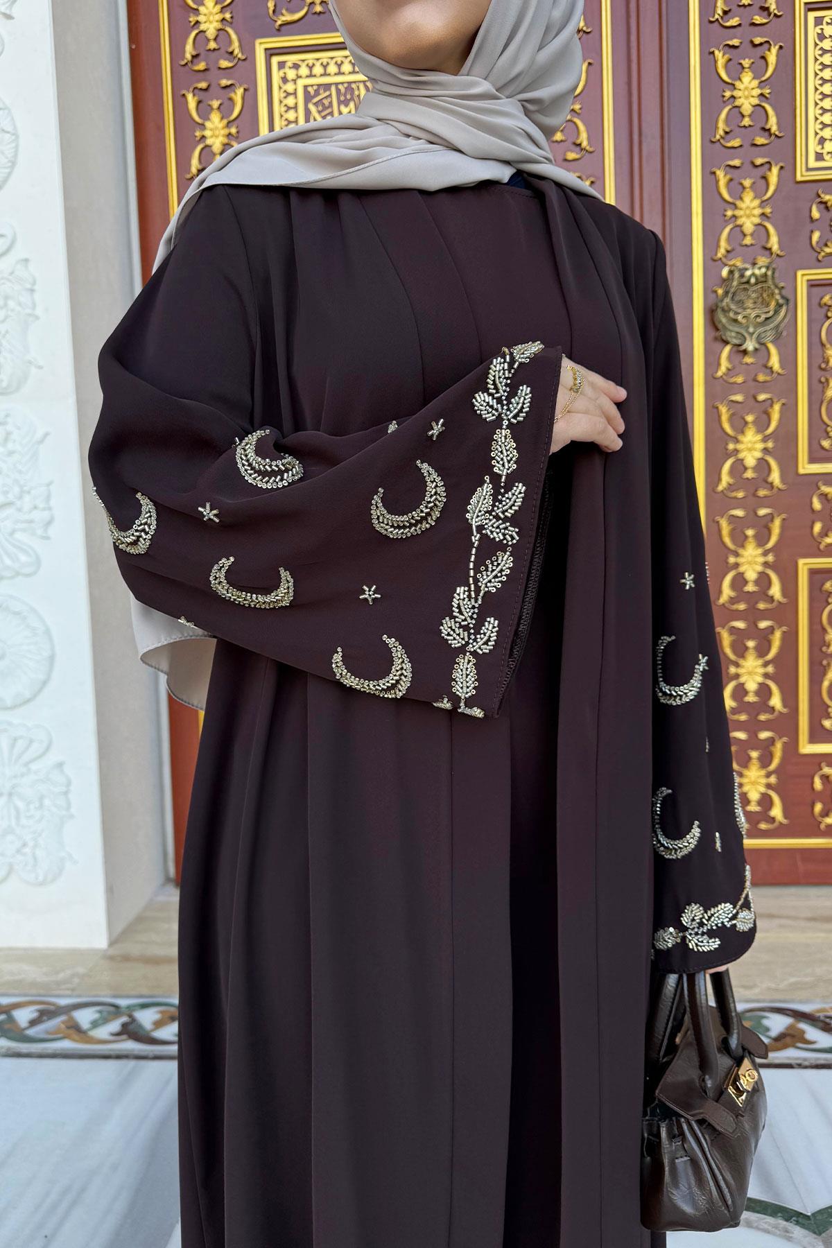 Premium İşlemeli Volan Kol Abaya Takım — Kahverengi