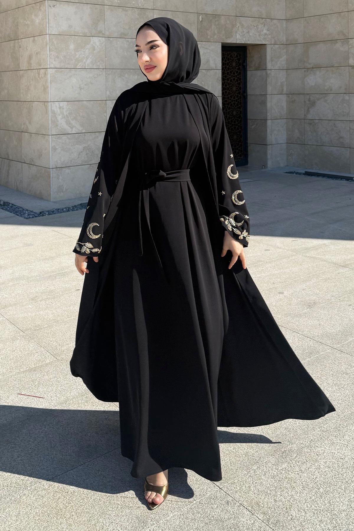 Premium İşlemeli Volan Kol Abaya Takım — Siyah