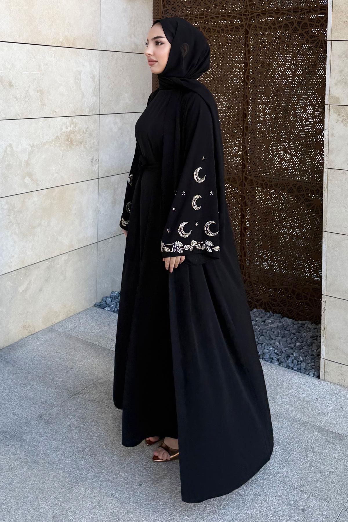 Premium İşlemeli Volan Kol Abaya Takım — Siyah