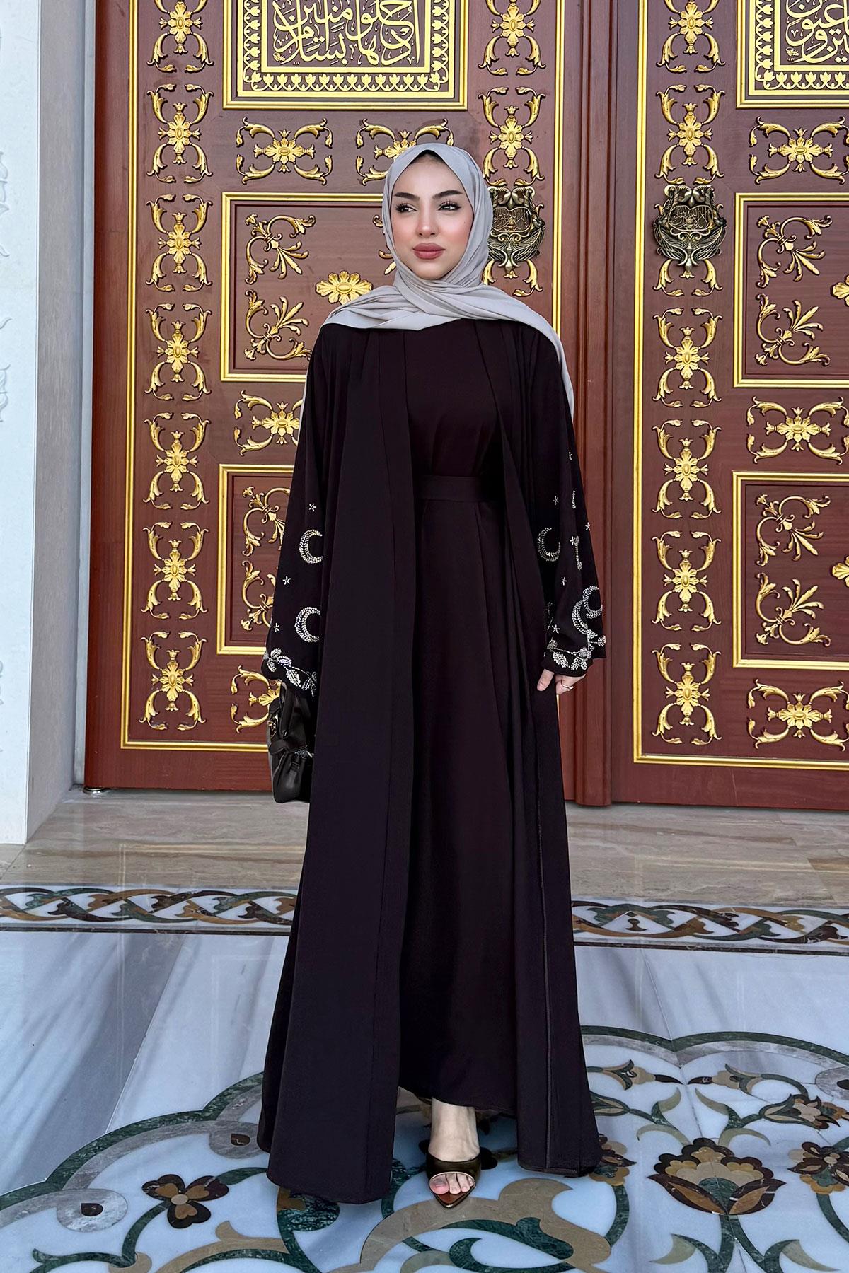 Premium İşlemeli Volan Kol Abaya Takım — Kahverengi