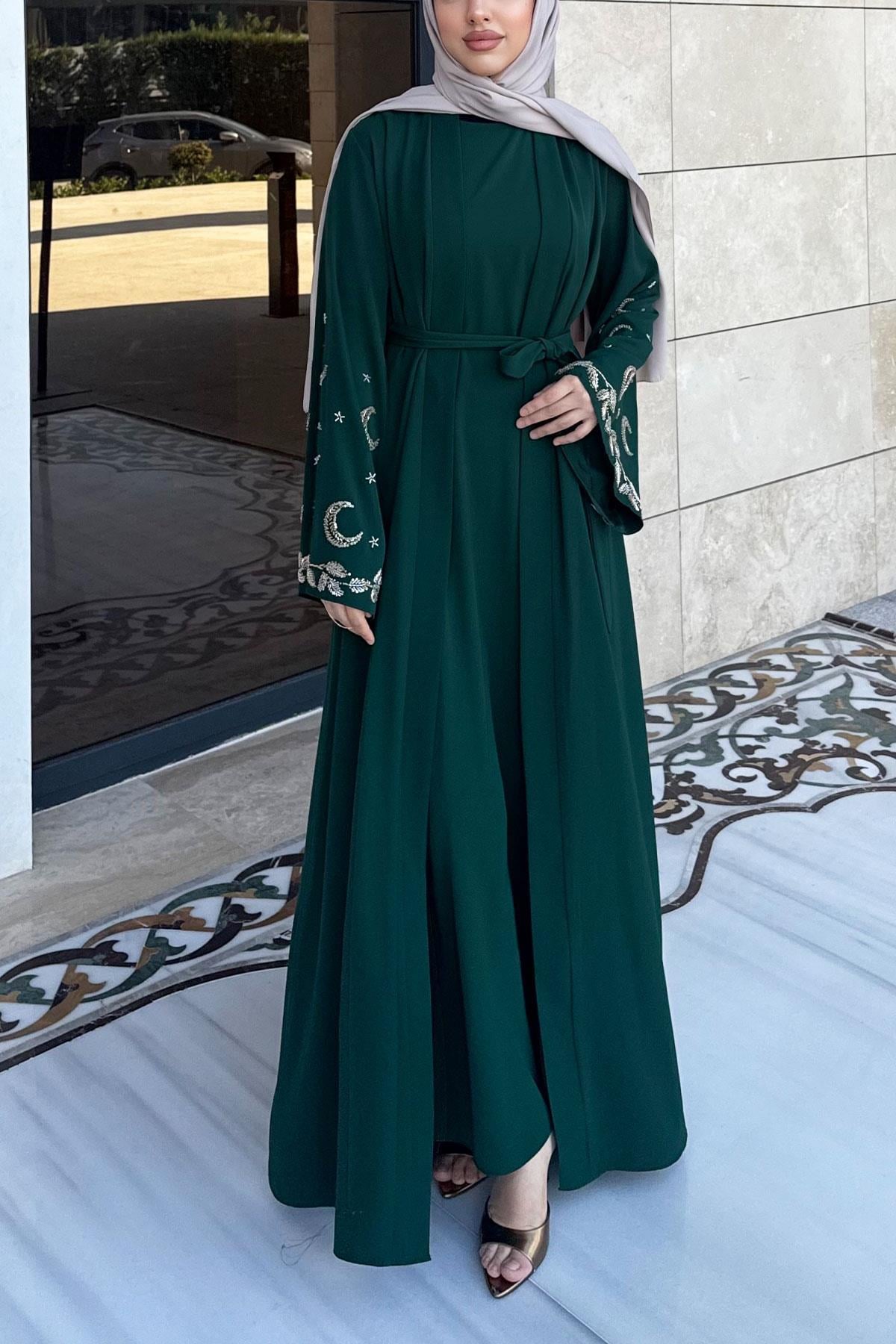 Premium İşlemeli Volan Kol Abaya Takım — Zümrüt