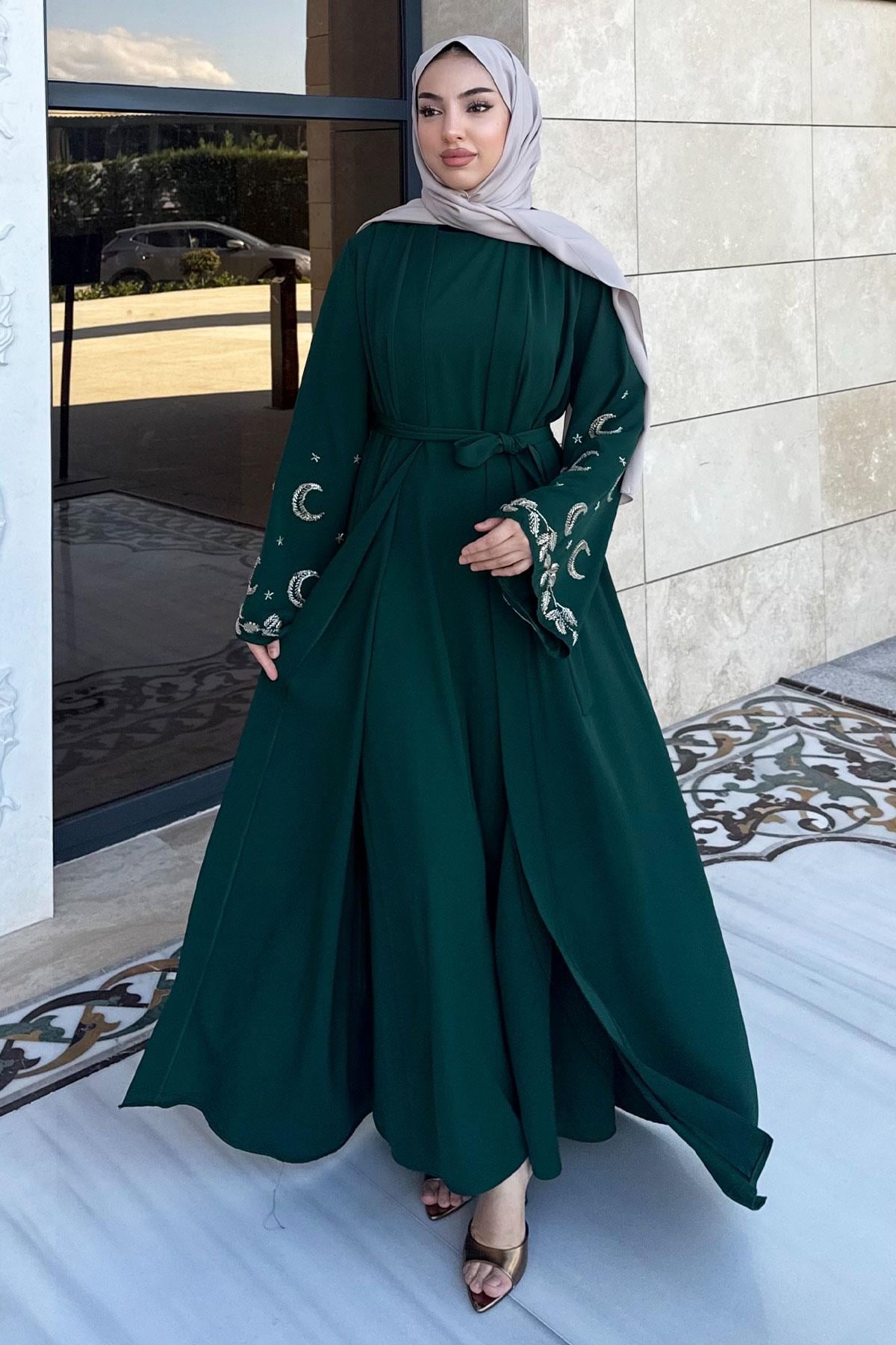 Premium İşlemeli Volan Kol Abaya Takım — Zümrüt