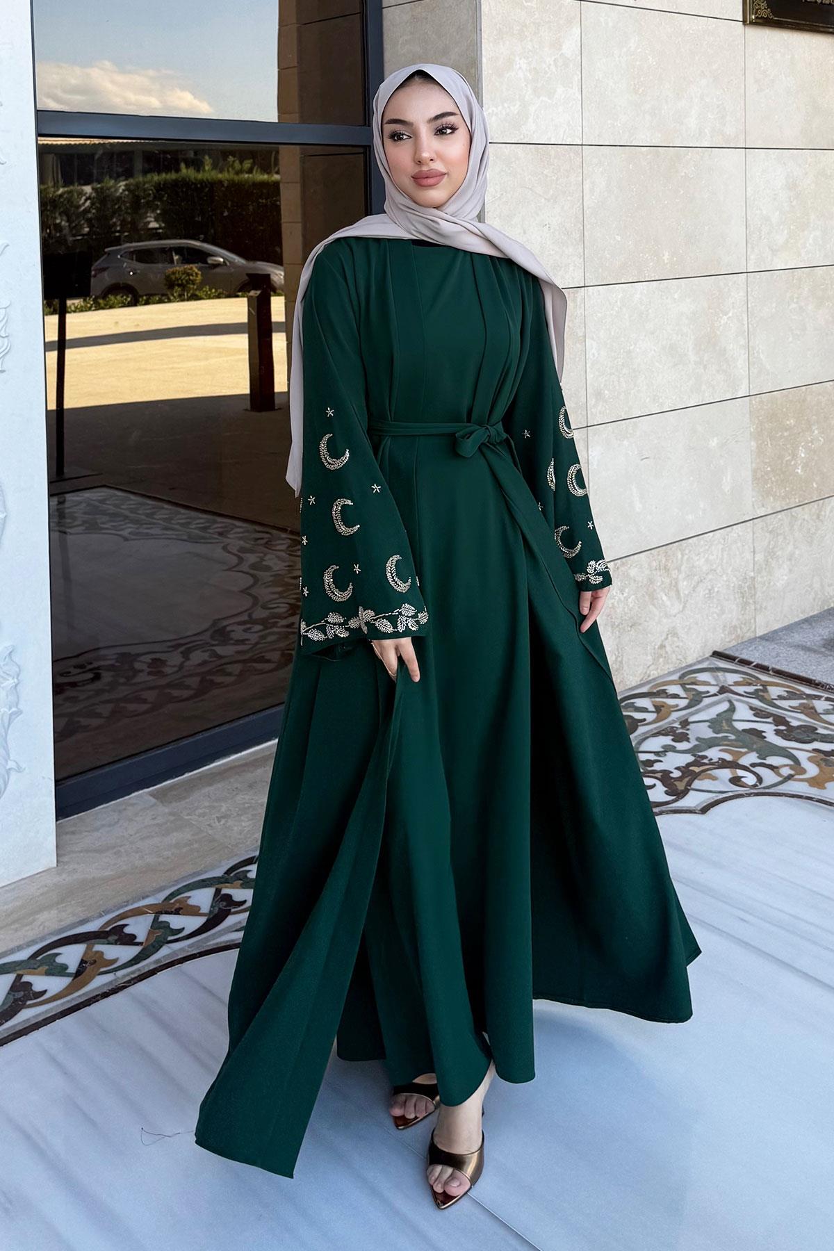Premium İşlemeli Volan Kol Abaya Takım — Zümrüt