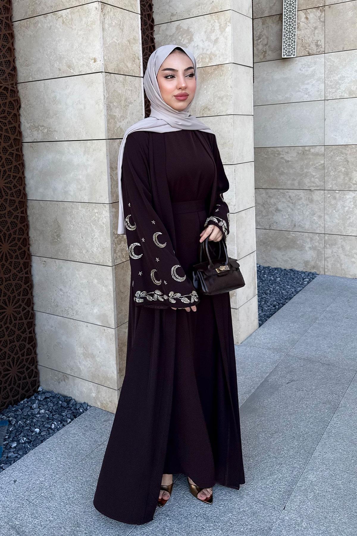 Premium İşlemeli Volan Kol Abaya Takım — Kahverengi