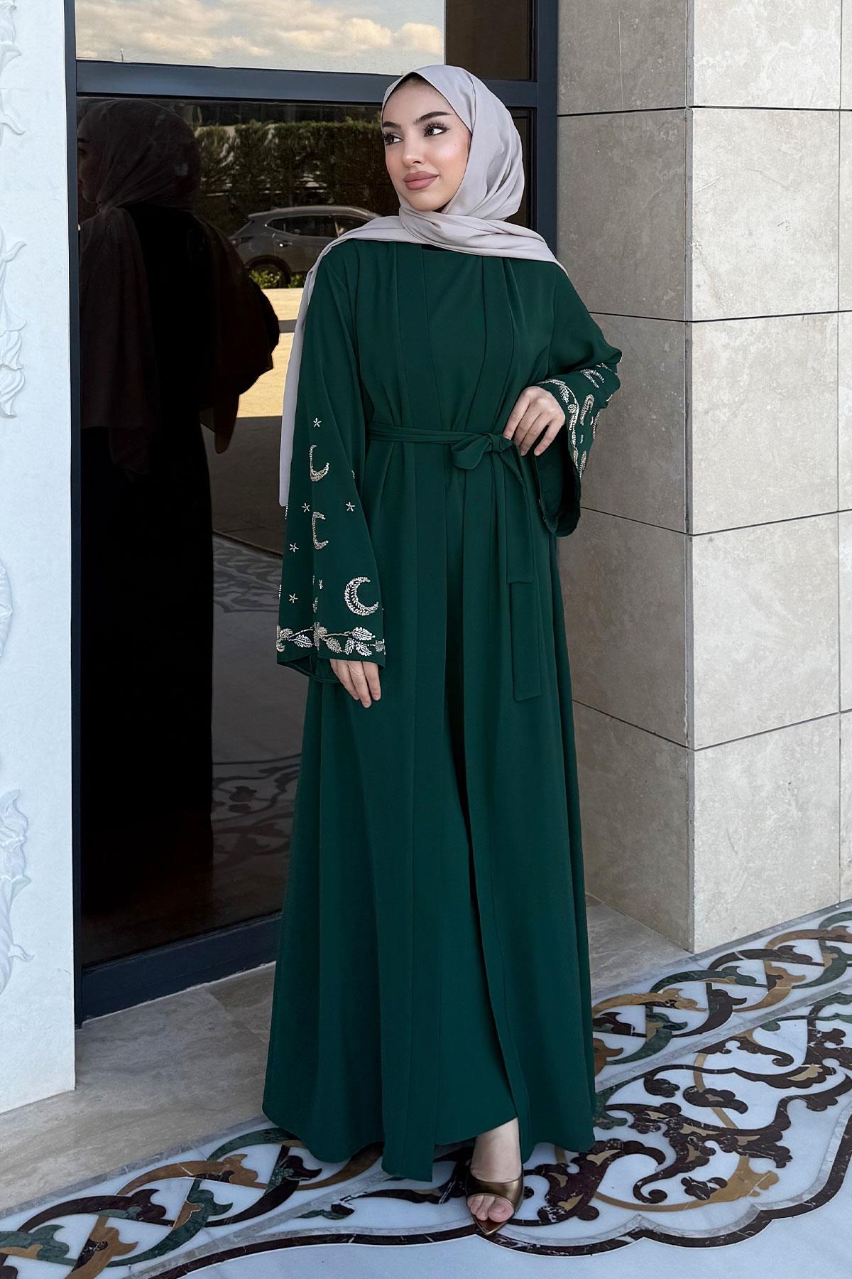 Premium İşlemeli Volan Kol Abaya Takım — Zümrüt