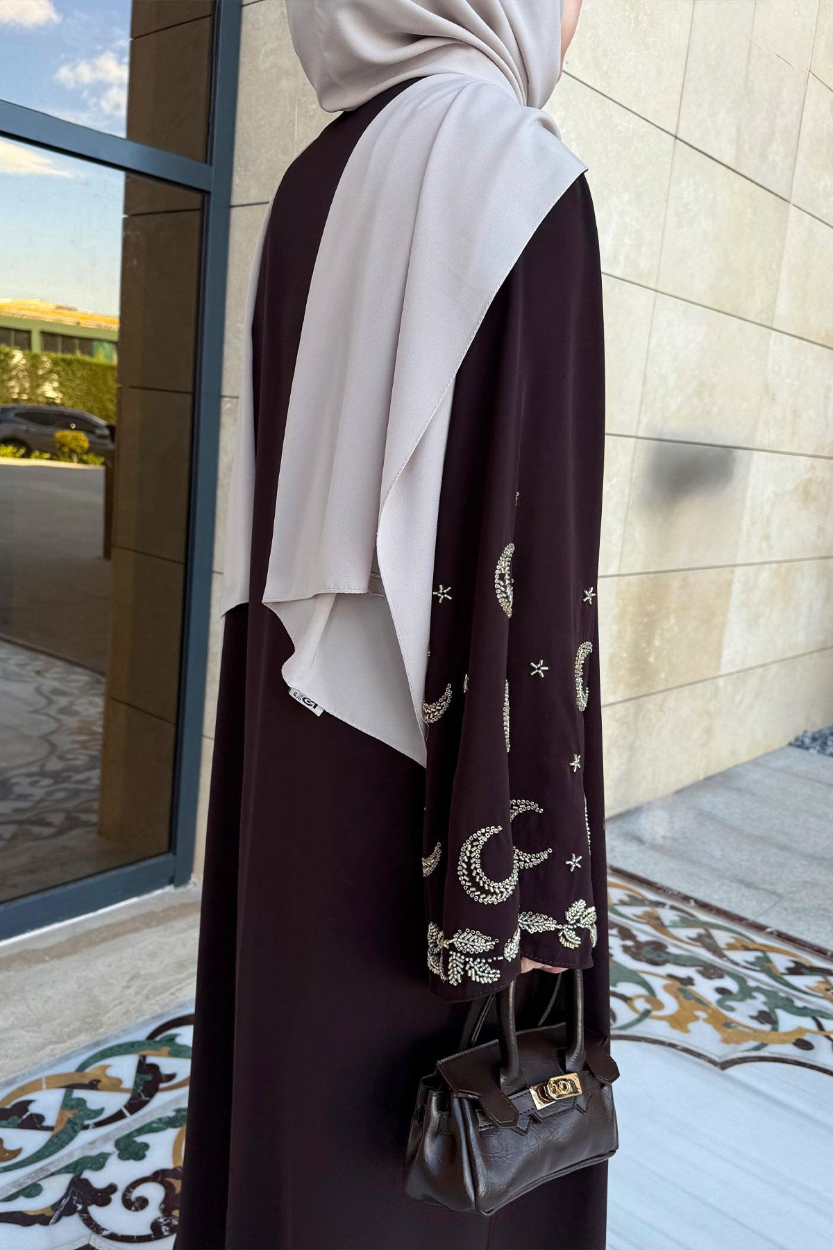 Premium İşlemeli Volan Kol Abaya Takım — Kahverengi
