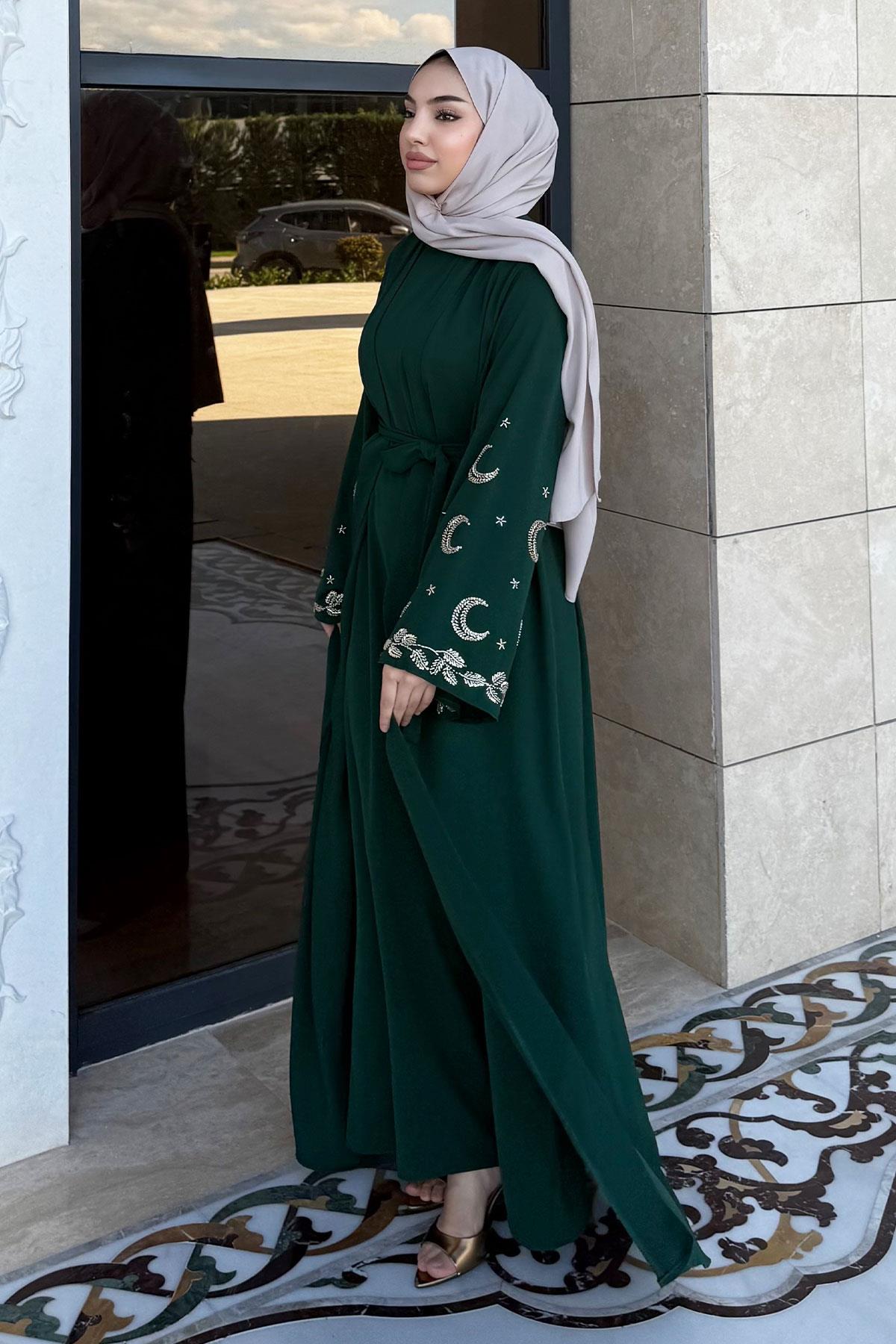 Premium İşlemeli Volan Kol Abaya Takım — Zümrüt