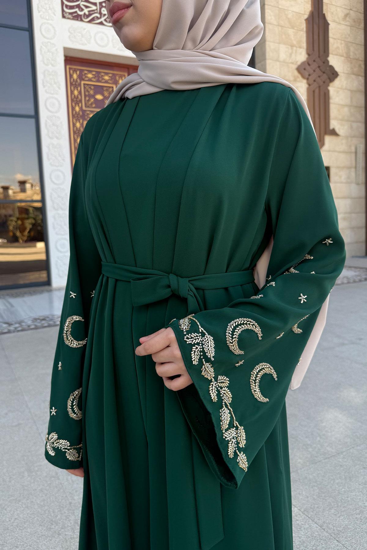 Premium İşlemeli Volan Kol Abaya Takım — Zümrüt