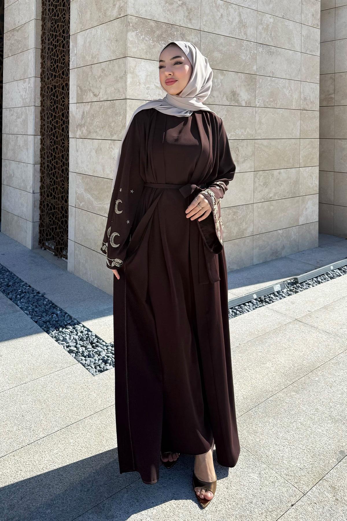 Premium İşlemeli Volan Kol Abaya Takım — Kahverengi