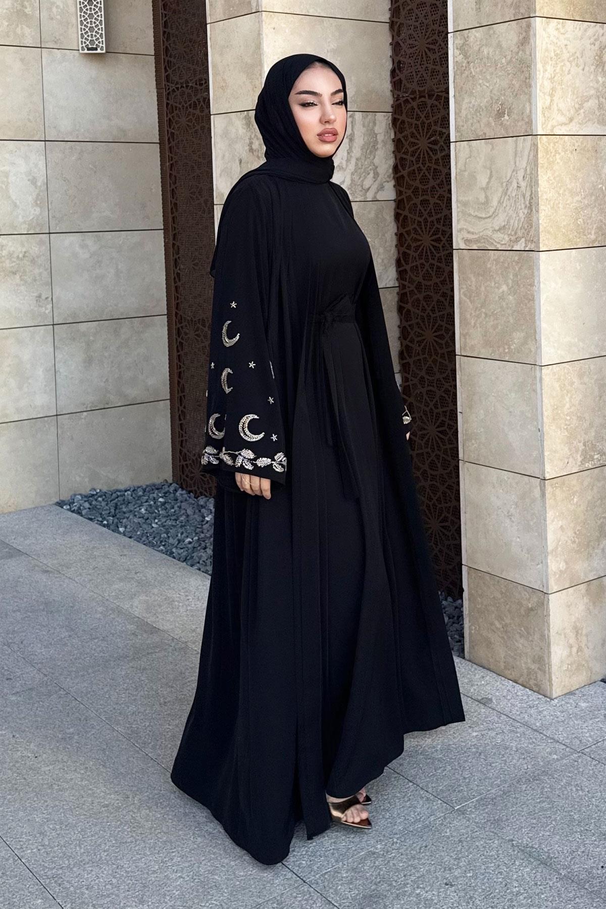 Premium İşlemeli Volan Kol Abaya Takım — Siyah