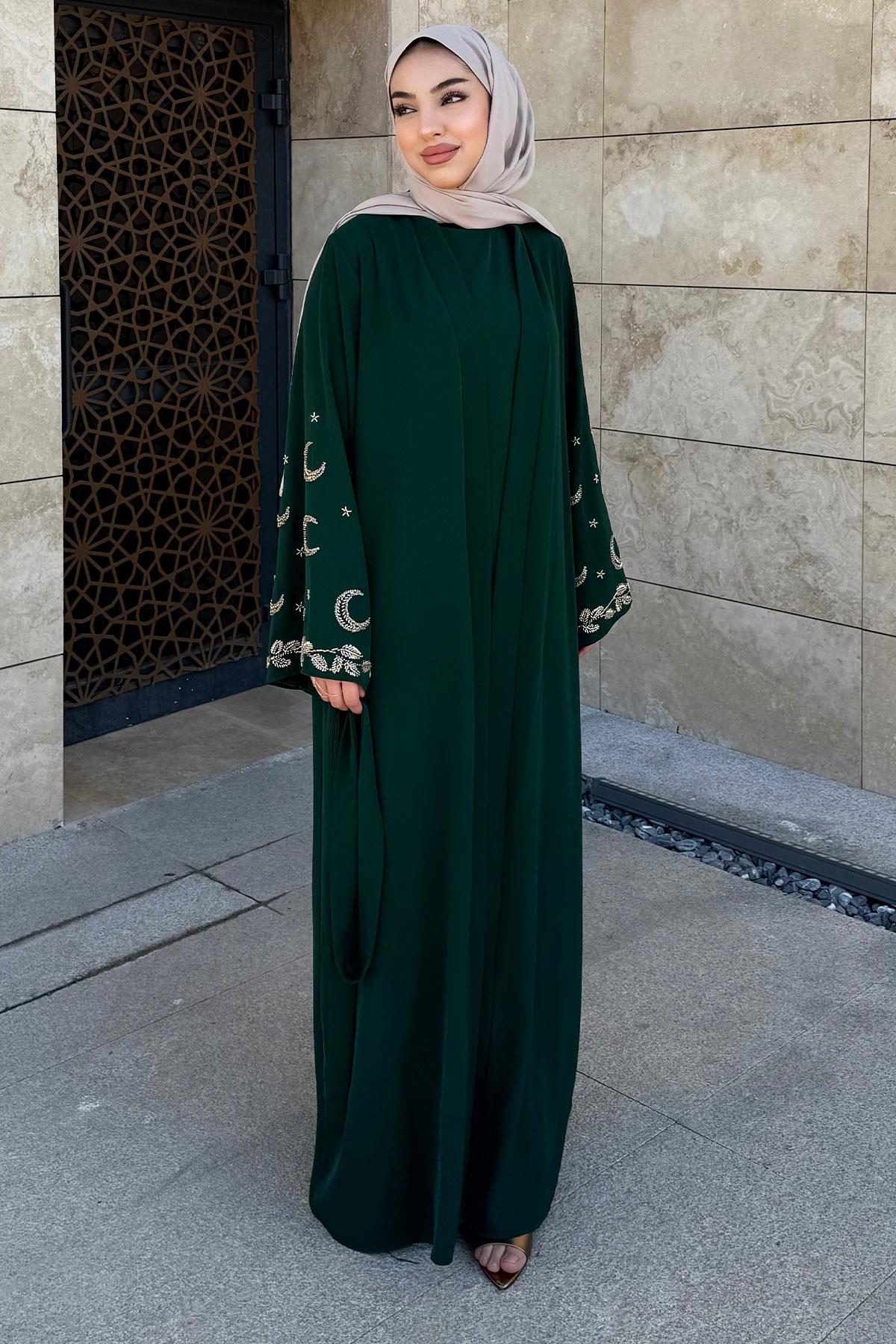 Premium İşlemeli Volan Kol Abaya Takım — Zümrüt