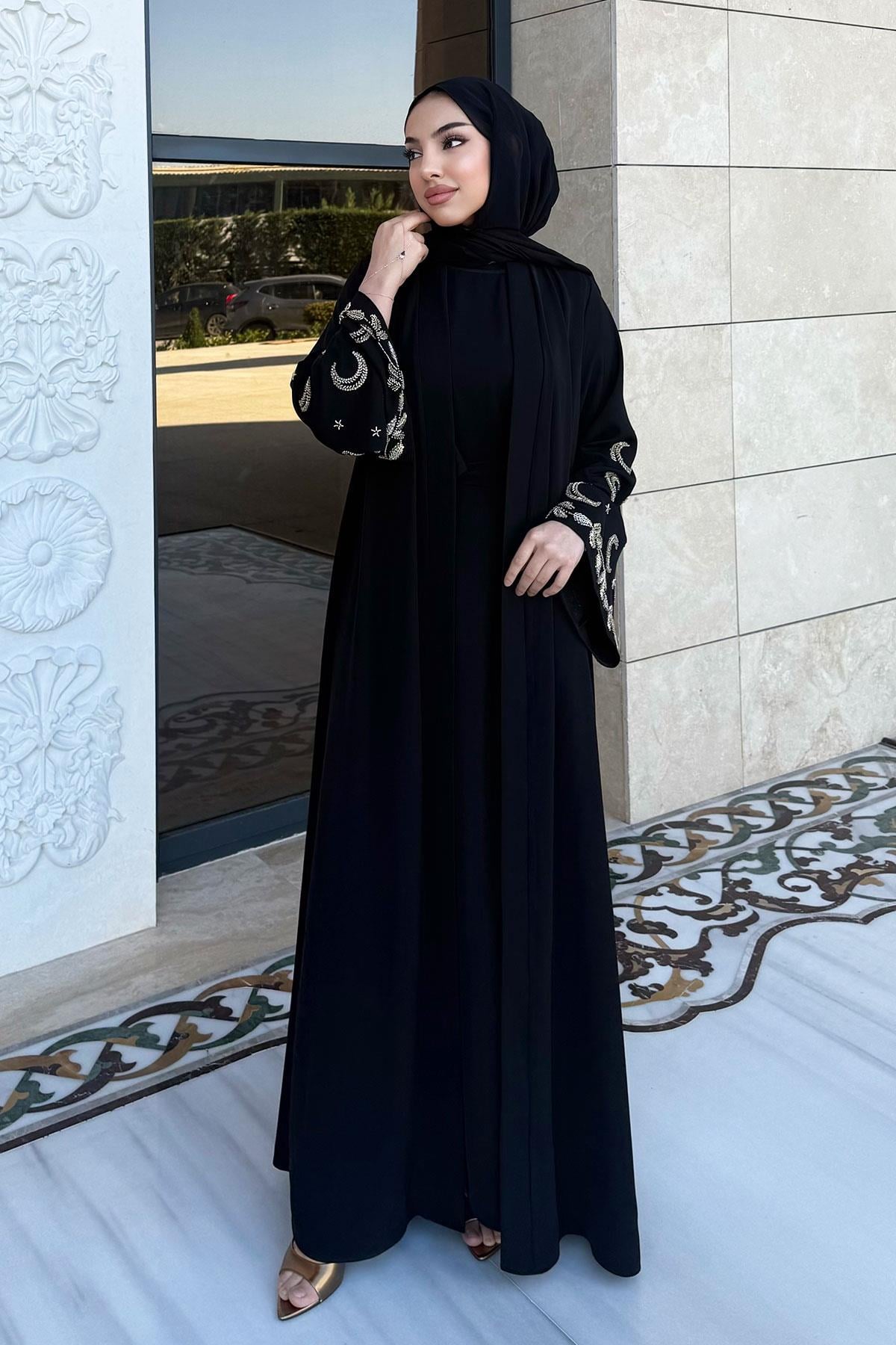 Premium İşlemeli Volan Kol Abaya Takım — Siyah